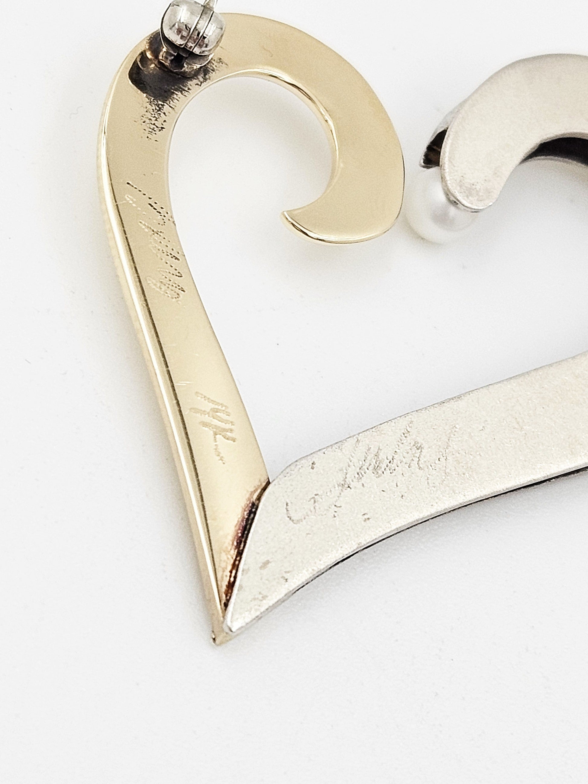 B Levy Jewelry Superb Artisan Signed B Levy Sterling 14k Gold & Pearl Modernist Heart Brooch