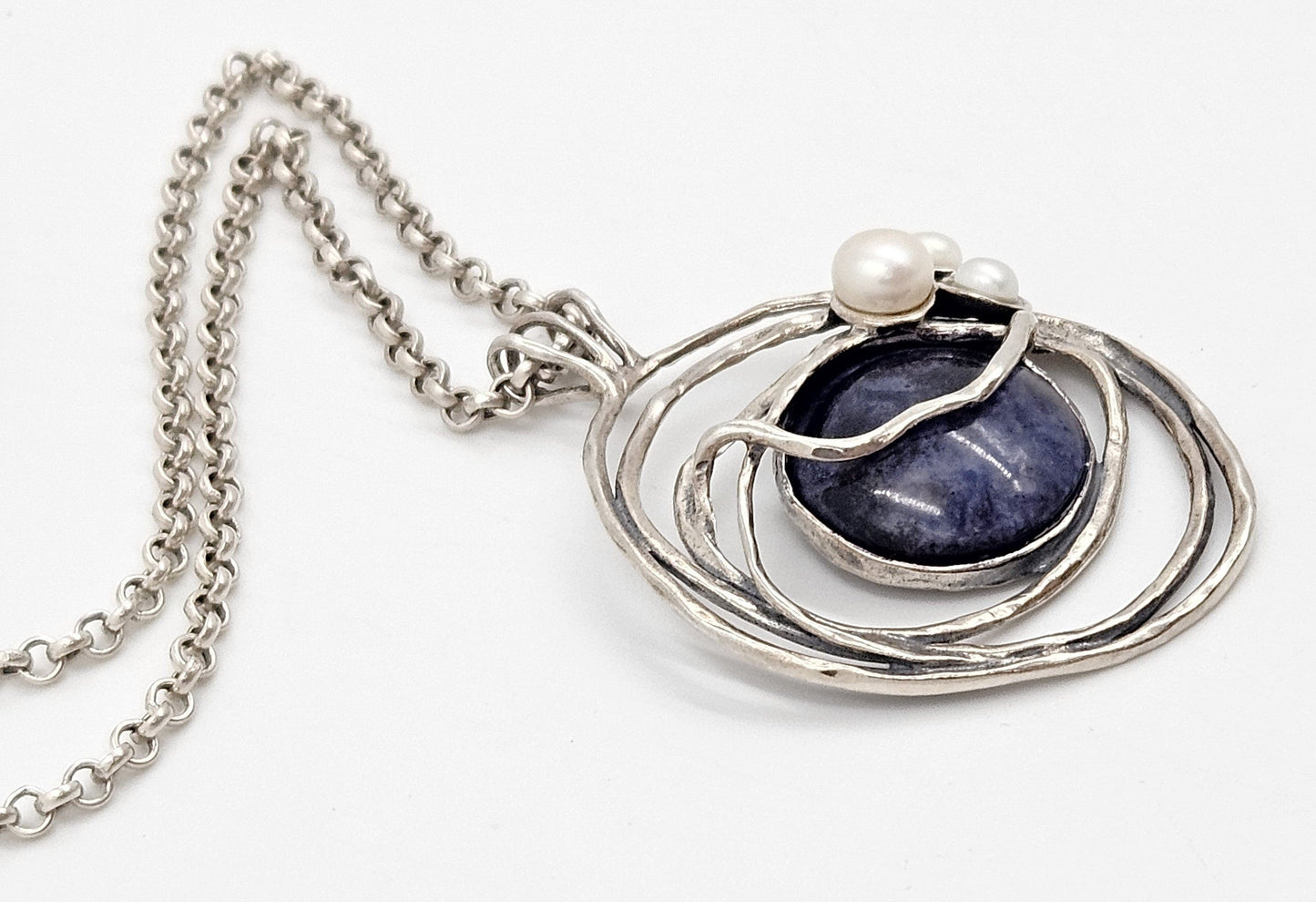 B Sterling Jewelry Artisan Sterling Sodalite & Pearl Abstract Modernist Pendant Necklace C. 1980s