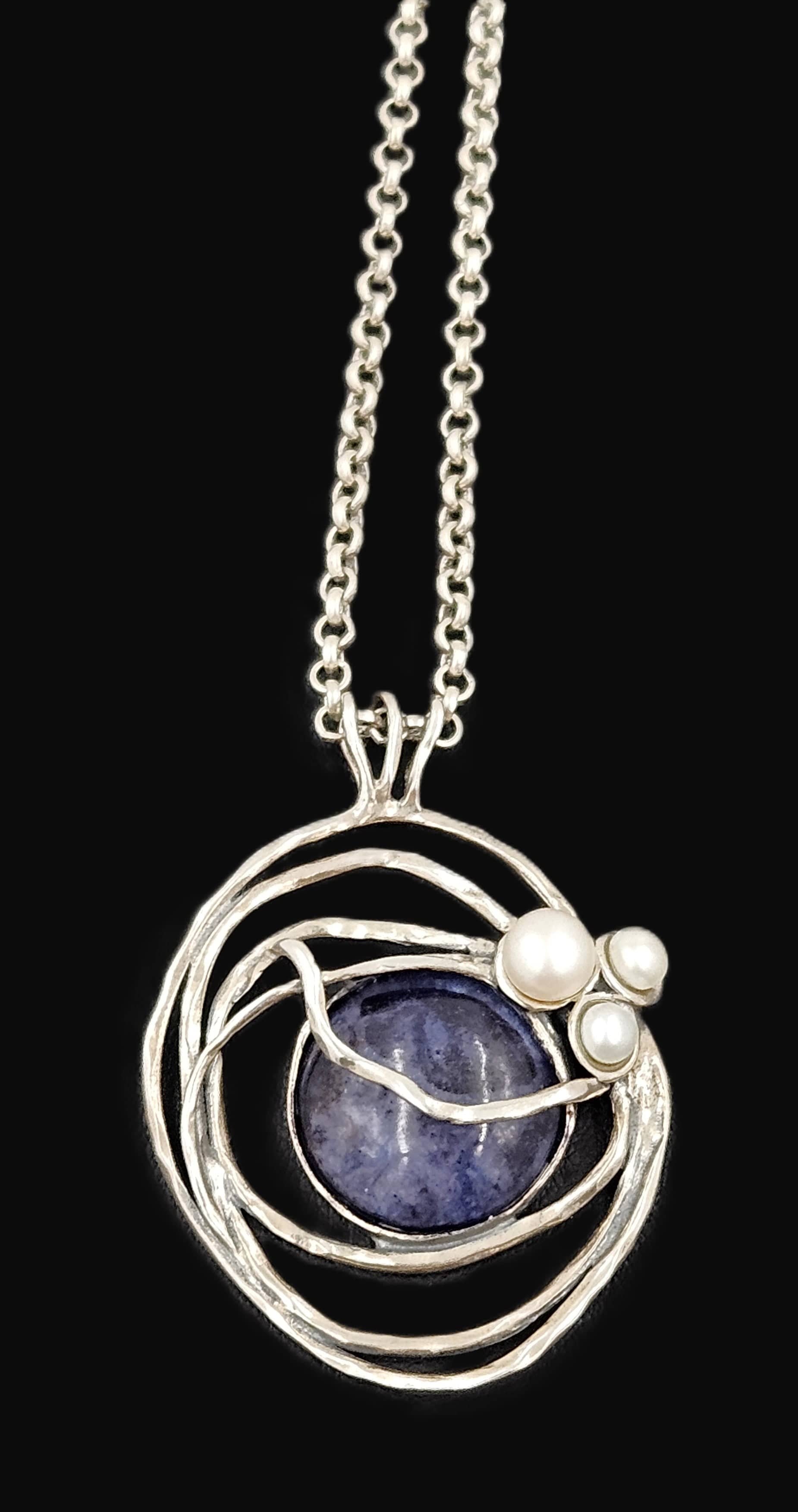 B Sterling Jewelry Artisan Sterling Sodalite & Pearl Abstract Modernist Pendant Necklace C. 1980s