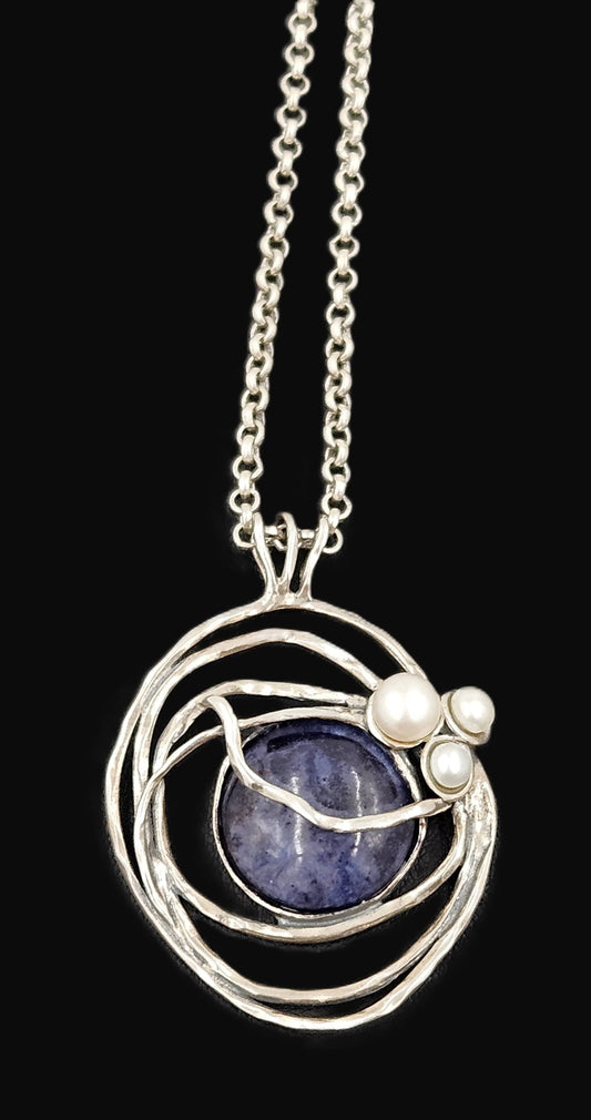 B Sterling Jewelry Artisan Sterling Sodalite & Pearl Abstract Modernist Pendant Necklace C. 1980s