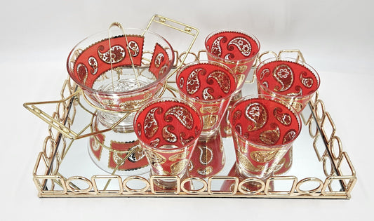 Culver Serveware Culver Red Paisley 22k Gold Glasses Ice Bucket Caddy Tray Set 1960s