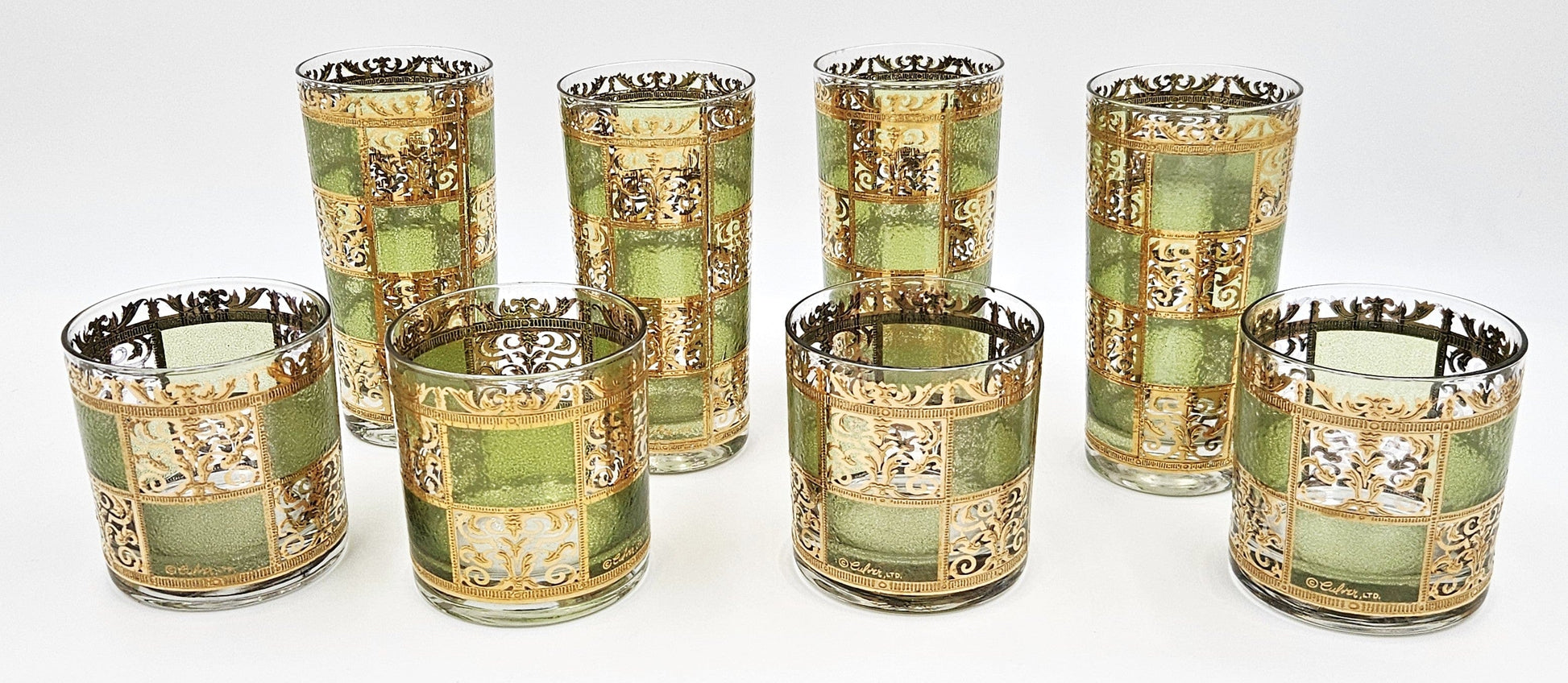 Culver Serveware Stunning Culver Prado Green 22k Gold Glassware Barware Set Circa 1960s