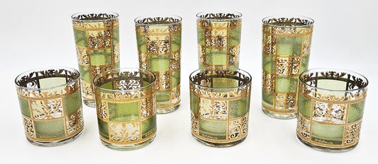 Culver Serveware Stunning Culver Prado Green 22k Gold Glassware Barware Set Circa 1960s