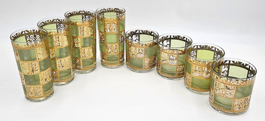 Culver Serveware Stunning Culver Prado Green 22k Gold Glassware Barware Set Circa 1960s