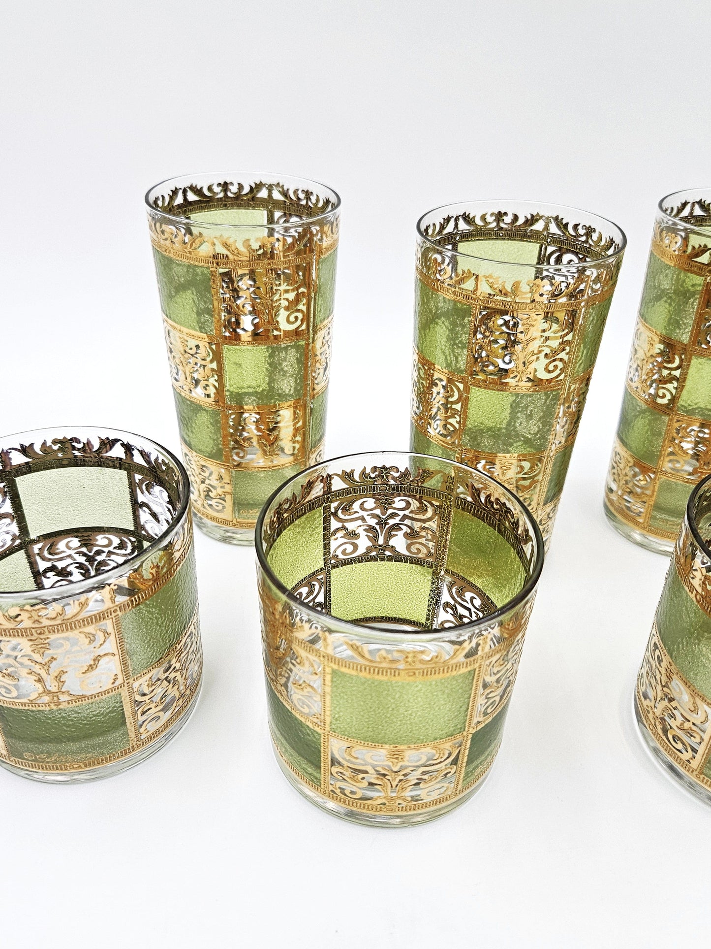 Culver Serveware Stunning Culver Prado Green 22k Gold Glassware Barware Set Circa 1960s