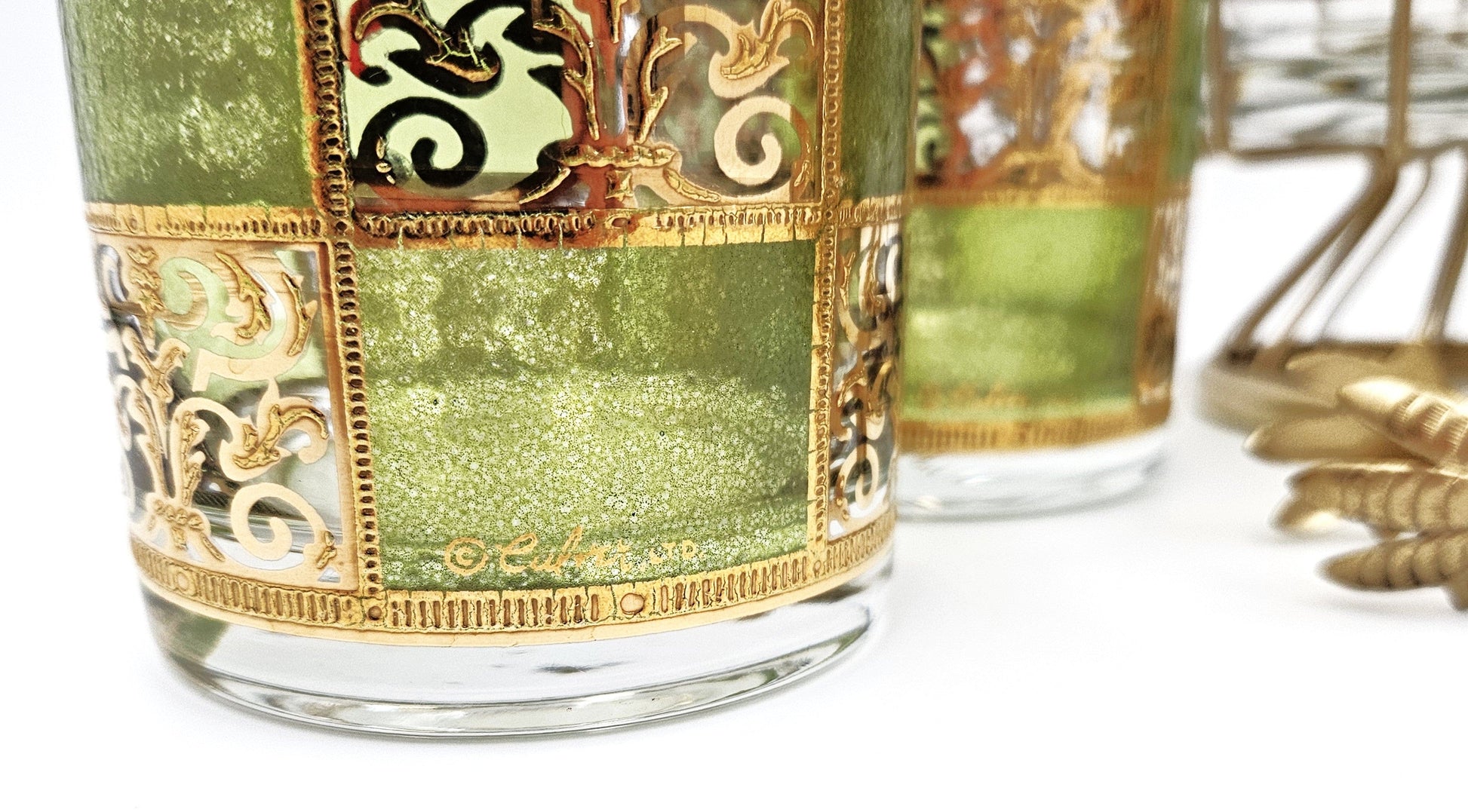 Culver Serveware Stunning Culver Prado Green 22k Gold Ice Bucket Glasses Barware Set 60s