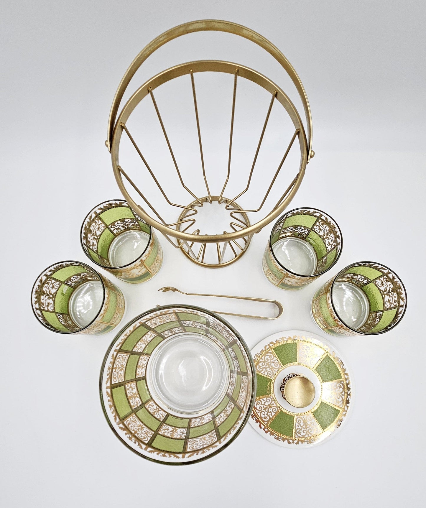 Culver Serveware Stunning Culver Prado Green 22k Gold Ice Bucket Glasses Barware Set 60s