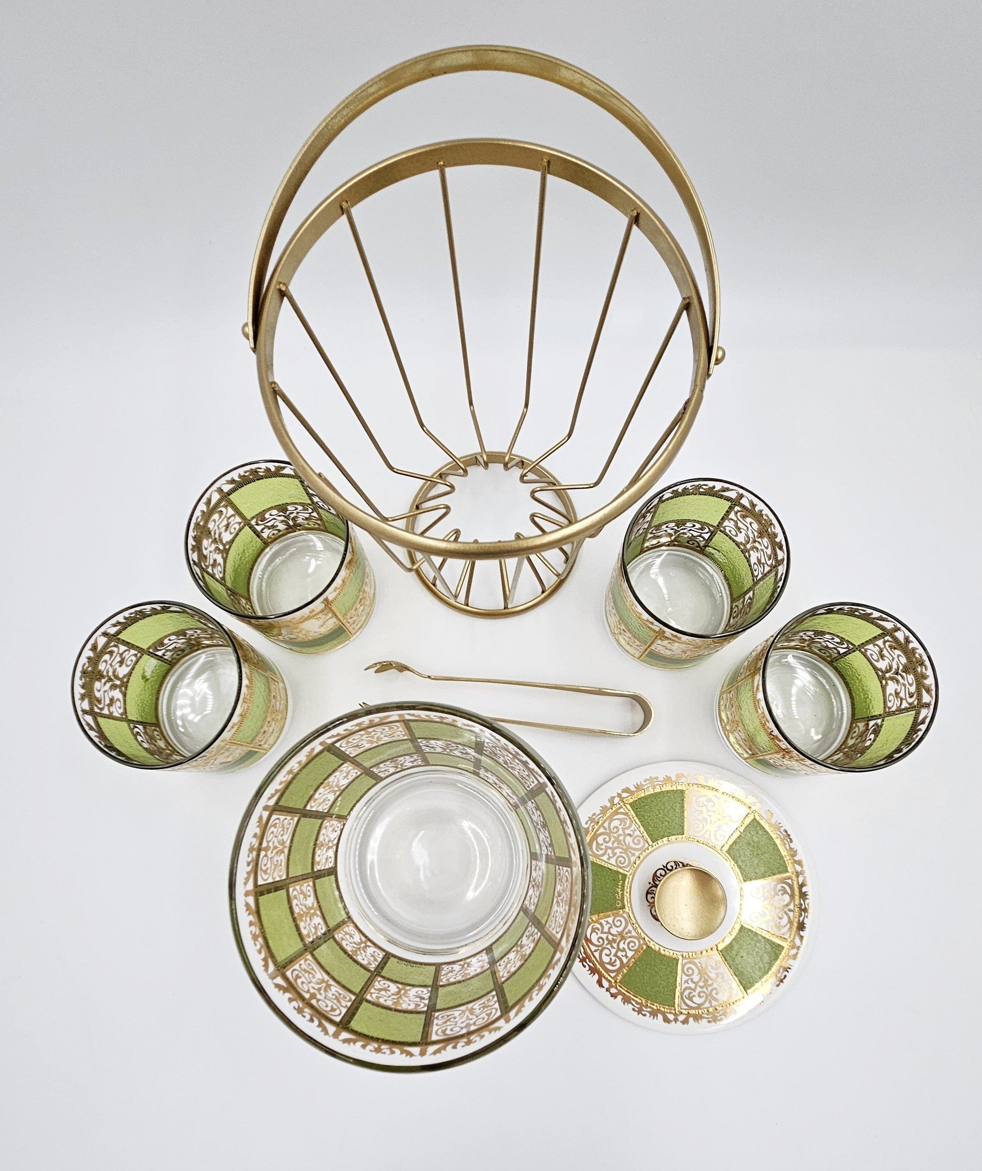 Culver Serveware Stunning Culver Prado Green 22k Gold Ice Bucket Glasses Barware Set 60s