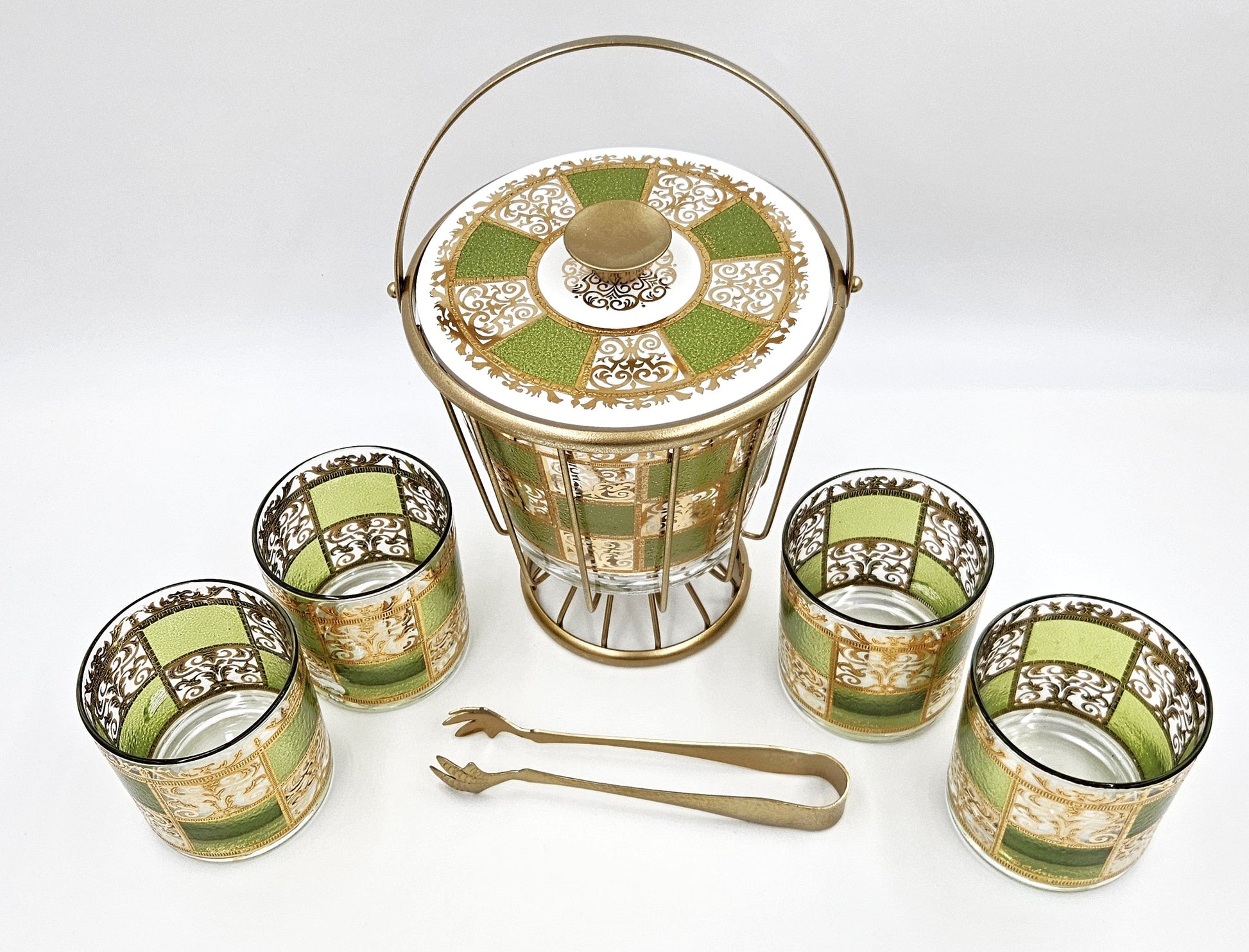 Culver Serveware Stunning Culver Prado Green 22k Gold Ice Bucket Glasses Barware Set 60s
