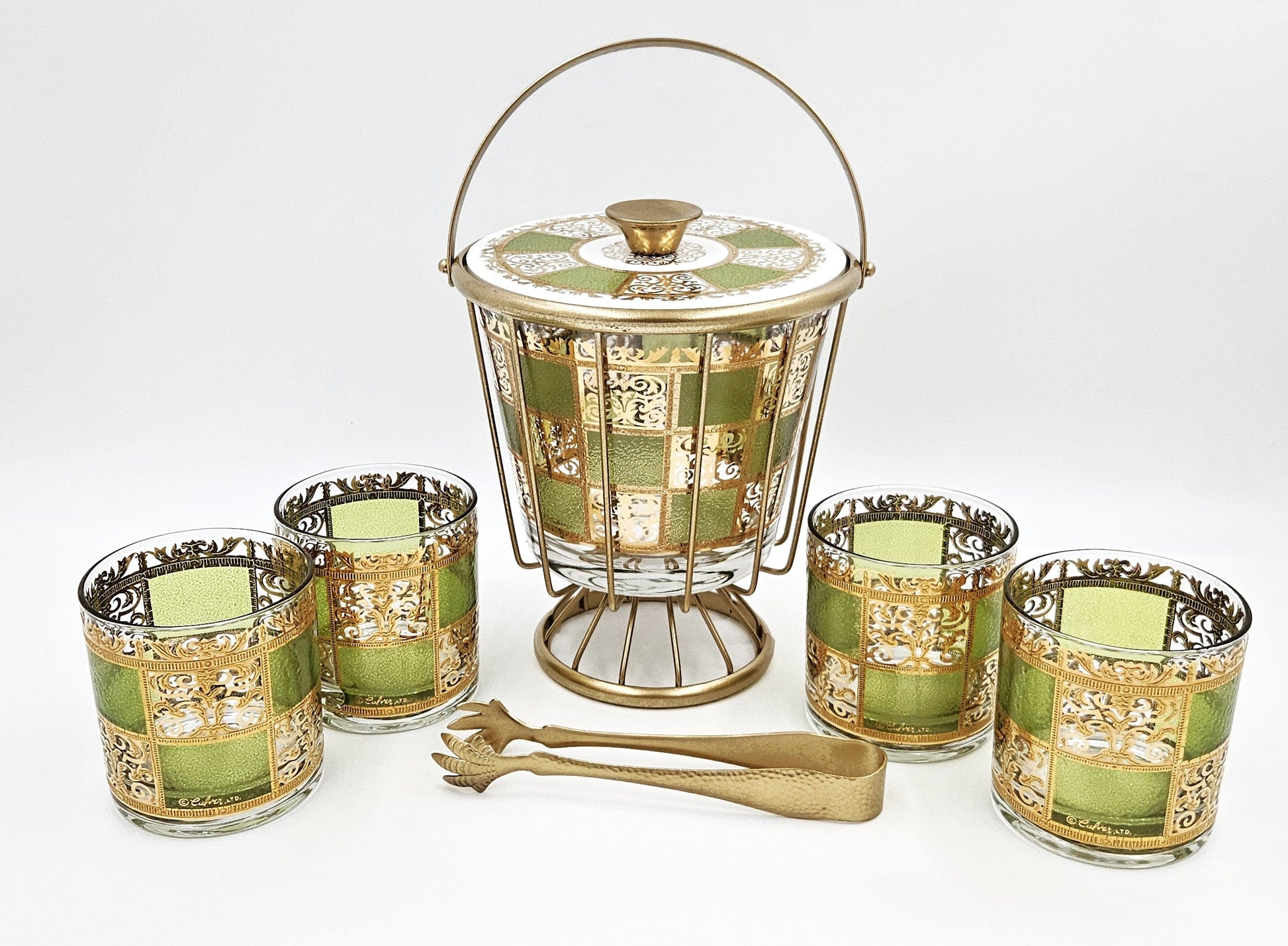Culver Serveware Stunning Culver Prado Green 22k Gold Ice Bucket Glasses Barware Set 60s