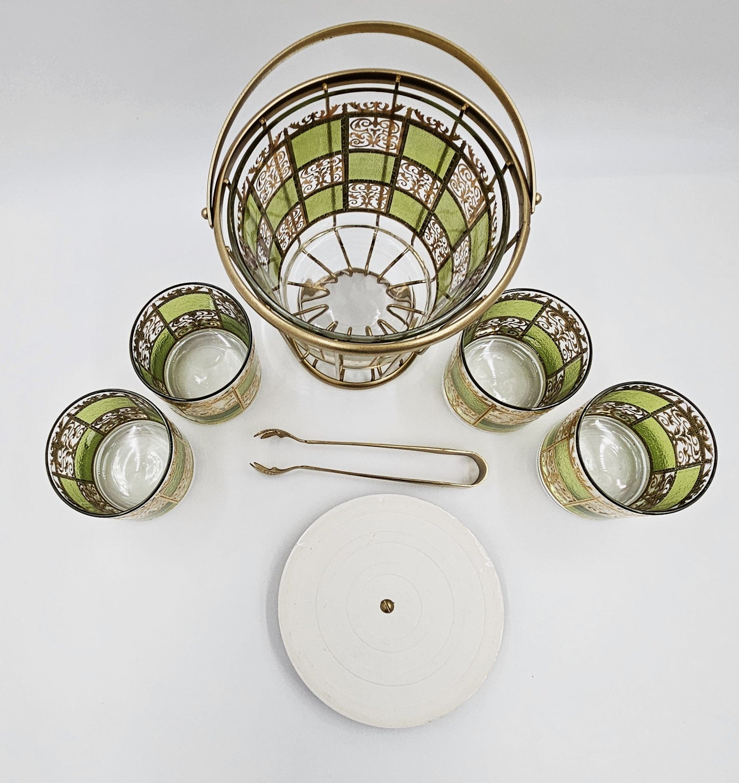 Culver Serveware Stunning Culver Prado Green 22k Gold Ice Bucket Glasses Barware Set 60s