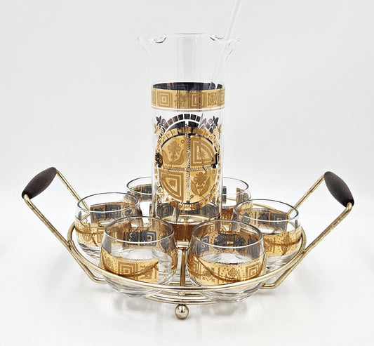 Culver Serveware Superb Culver Coronet 22k Gold Lt. Blue Martini Pitcher Glasses Caddy Set 1960s