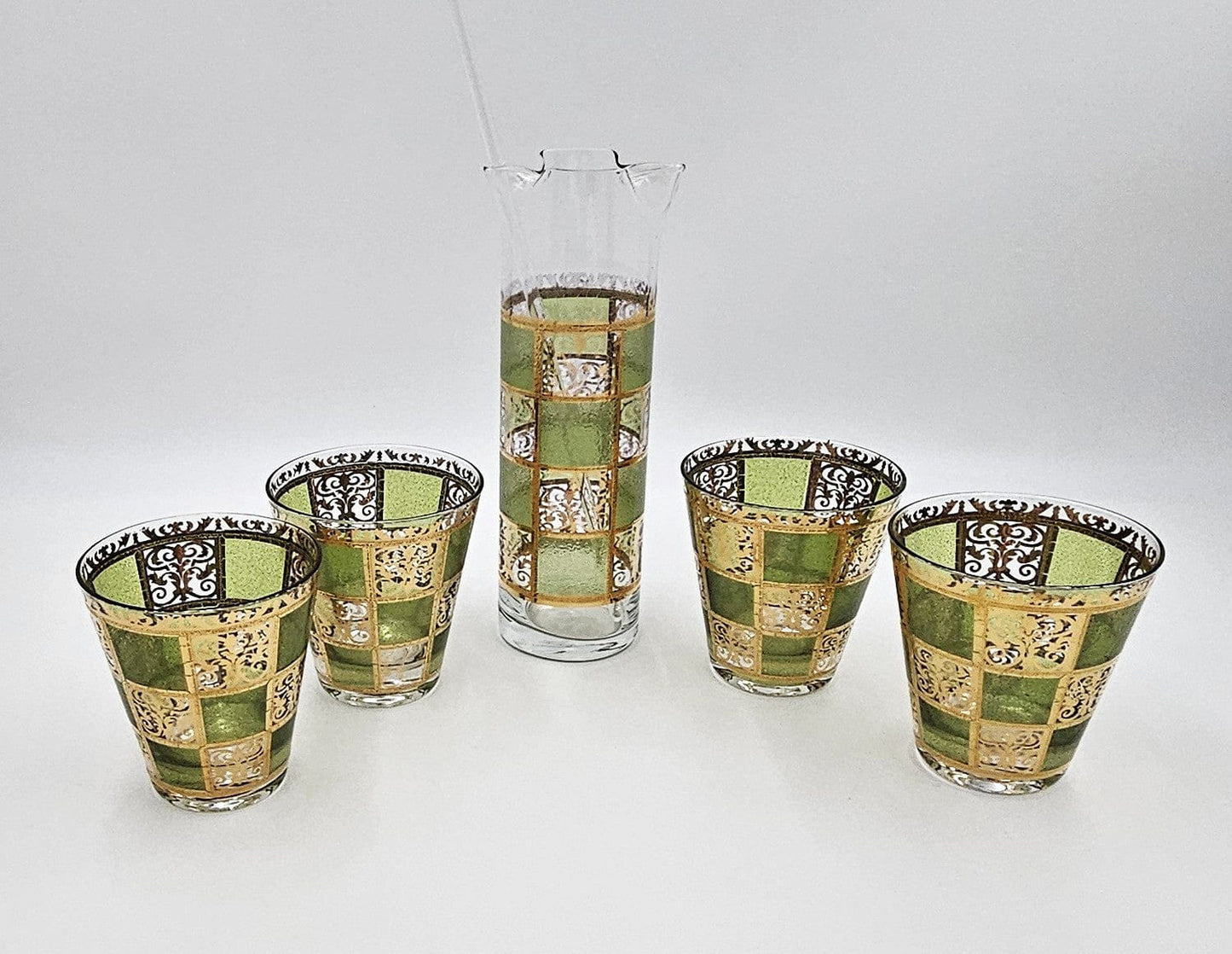 Culver Serveware Superb Culver Prado Green 22k Gold Martini Pitcher Glasses Barware Set 1960s
