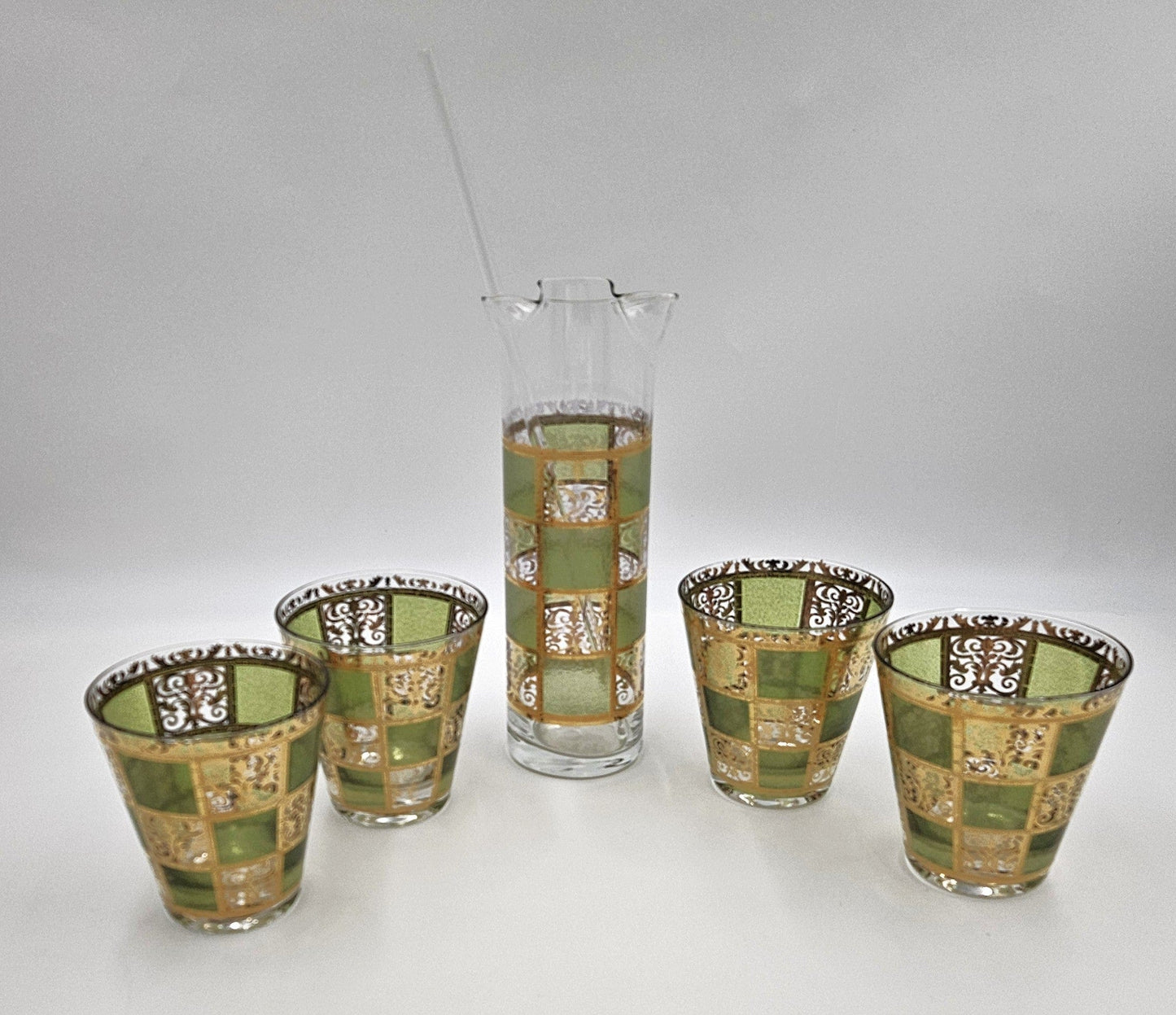 Culver Serveware Superb Culver Prado Green 22k Gold Martini Pitcher Glasses Barware Set 1960s