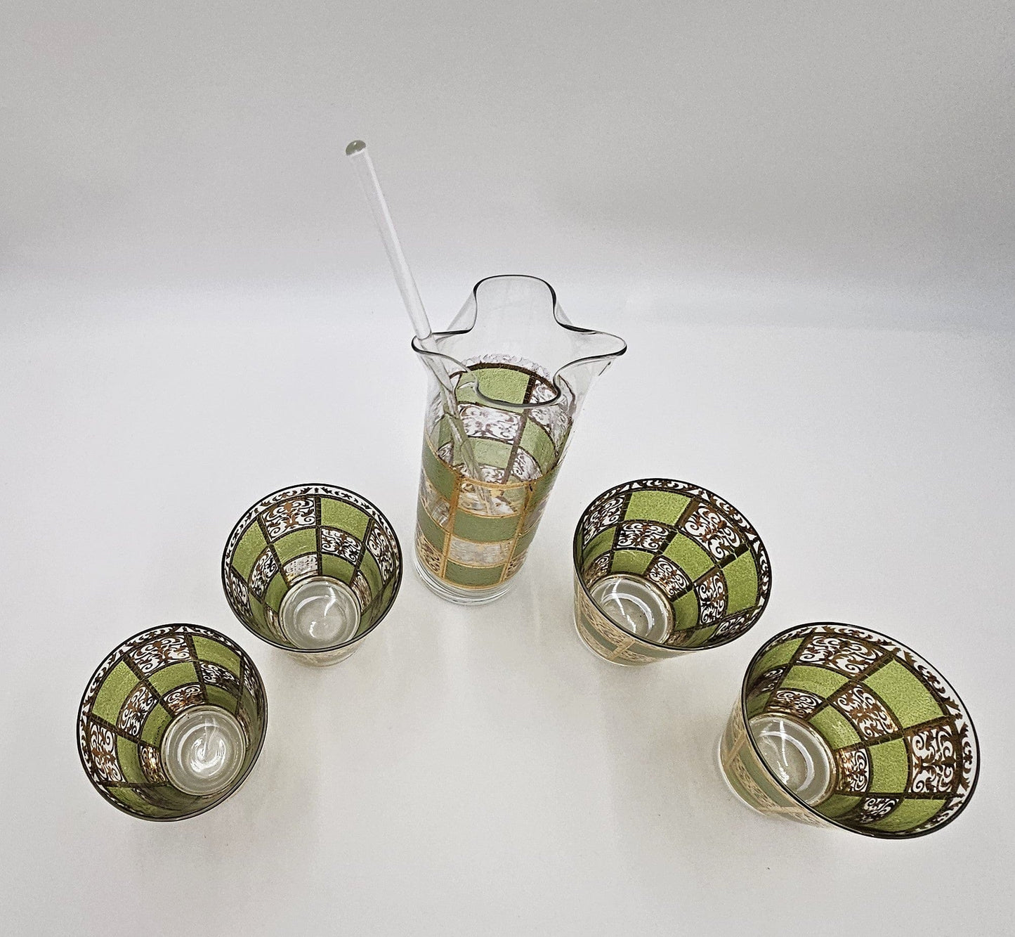 Culver Serveware Superb Culver Prado Green 22k Gold Martini Pitcher Glasses Barware Set 1960s