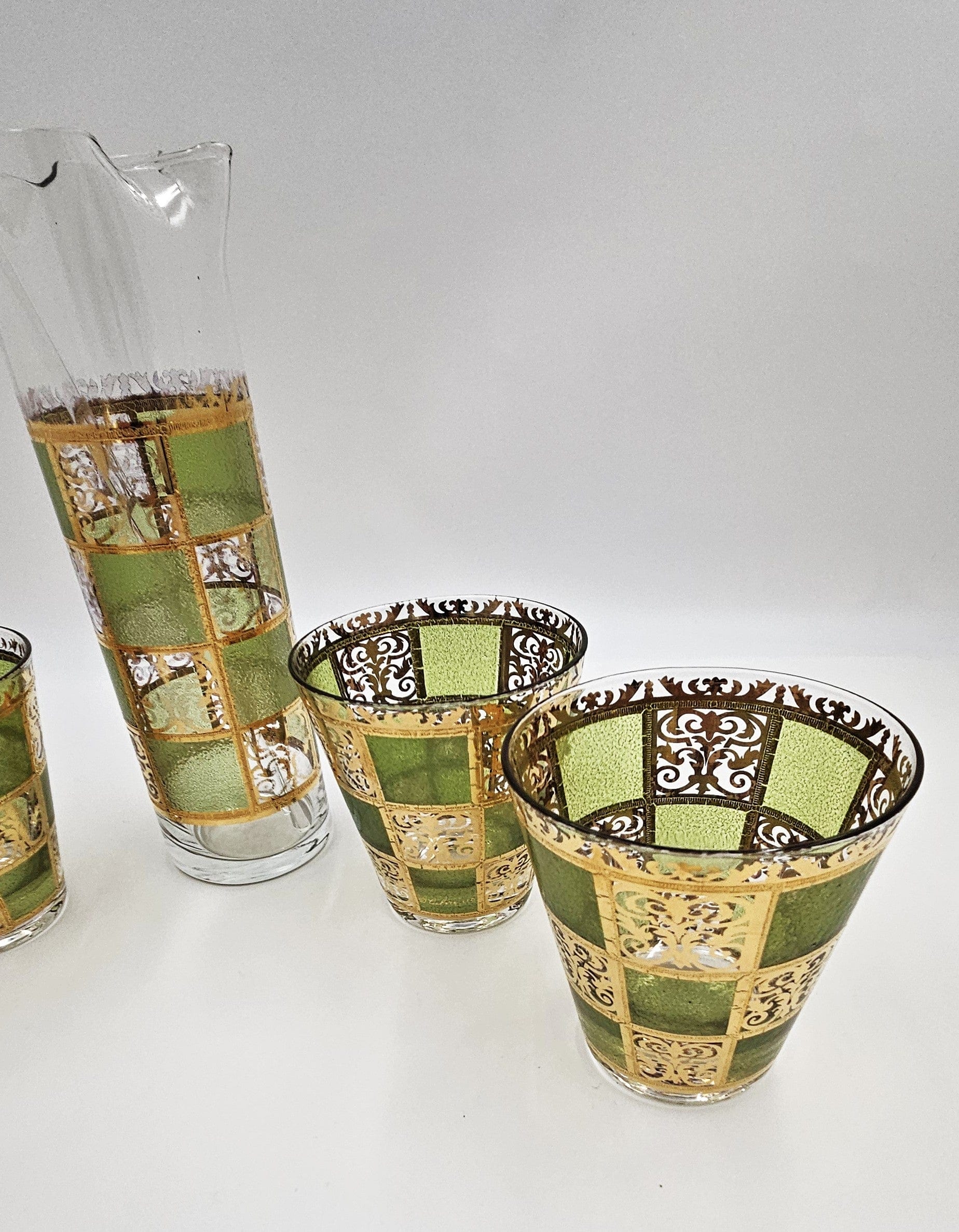 Culver Serveware Superb Culver Prado Green 22k Gold Martini Pitcher Glasses Barware Set 1960s