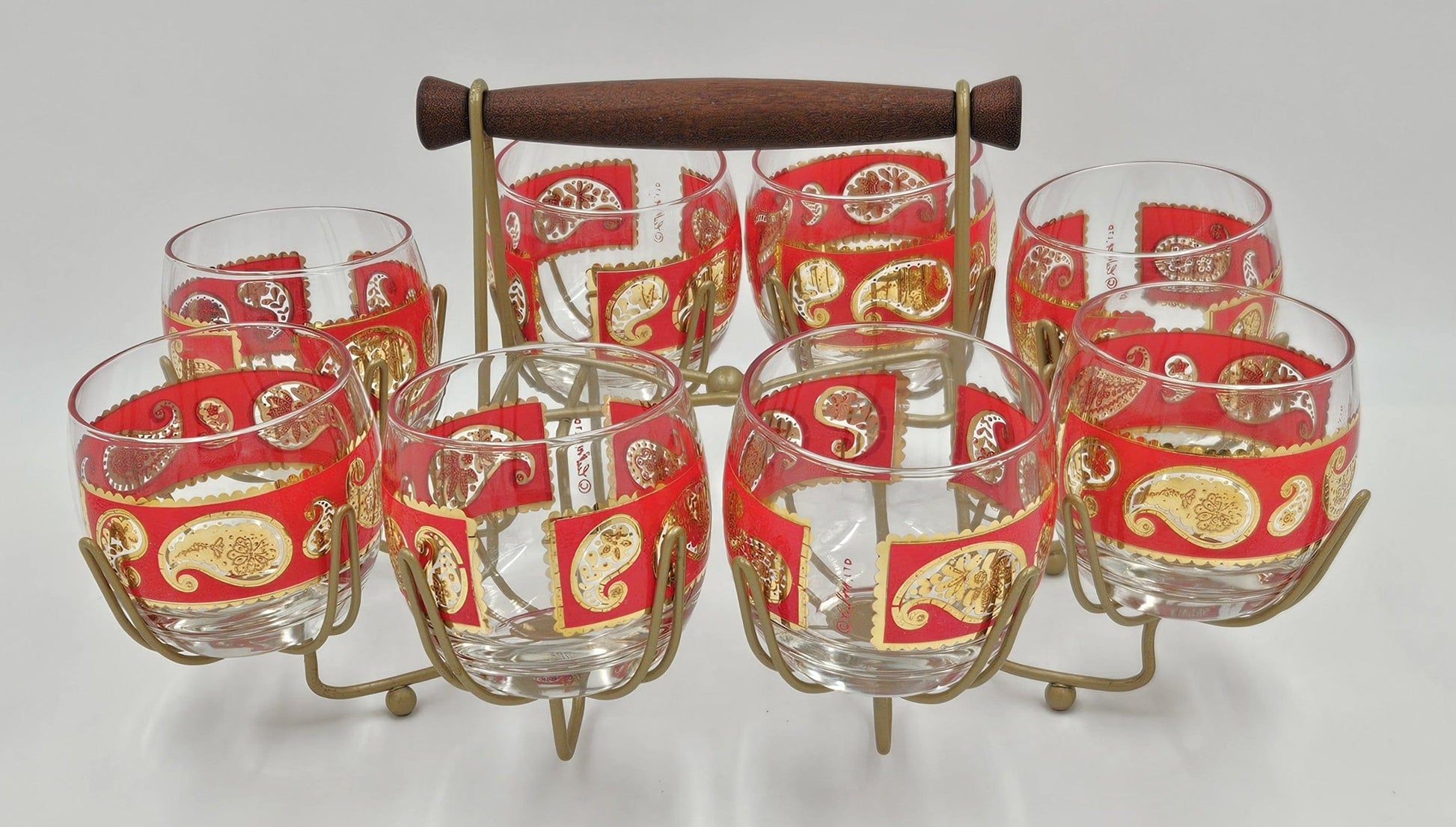 Culver Serveware Superb Culver Red Paisley 22k Gold XL Roly Poly Glasses Caddy Set Circa 1960s
