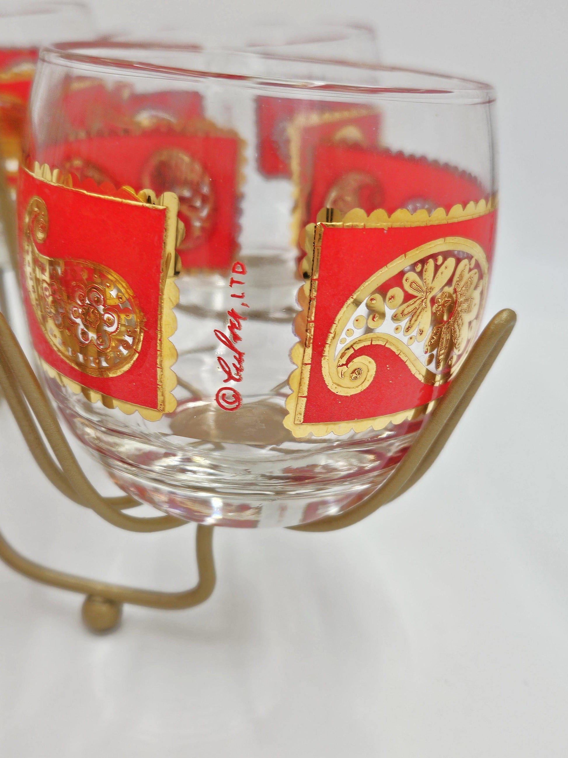 Culver Serveware Superb Culver Red Paisley 22k Gold XL Roly Poly Glasses Caddy Set Circa 1960s