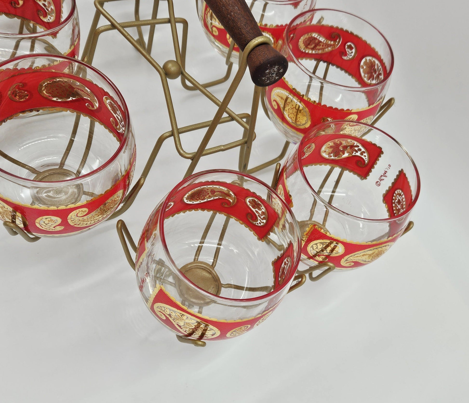 Culver Serveware Superb Culver Red Paisley 22k Gold XL Roly Poly Glasses Caddy Set Circa 1960s