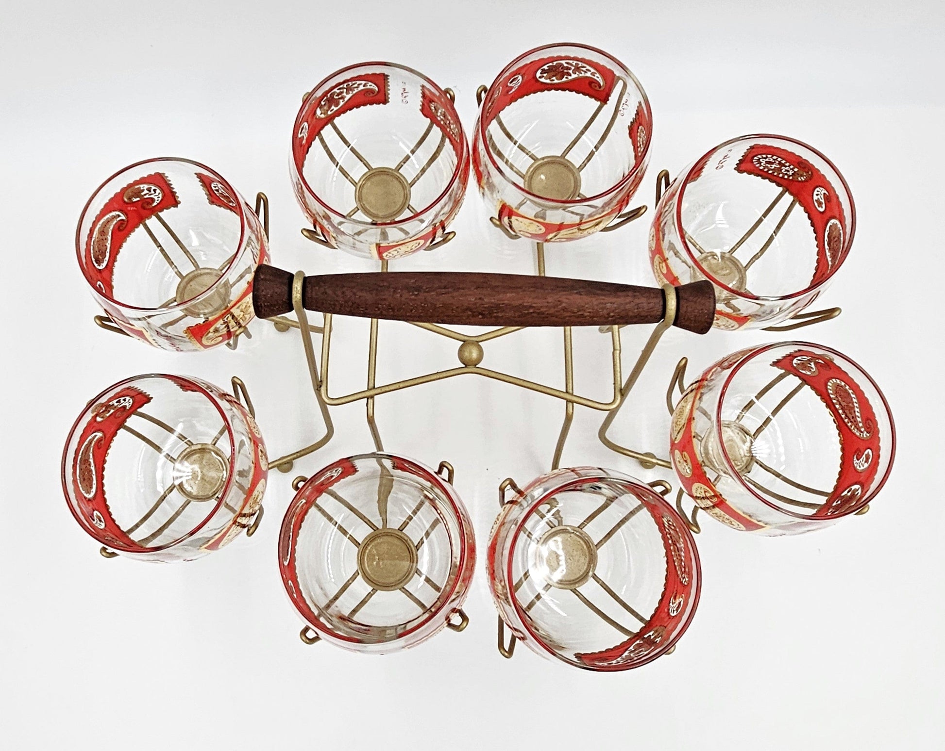 Culver Serveware Superb Culver Red Paisley 22k Gold XL Roly Poly Glasses Caddy Set Circa 1960s