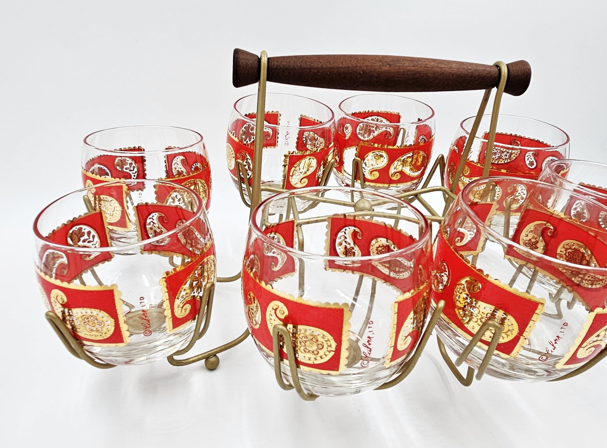 Culver Serveware Superb Culver Red Paisley 22k Gold XL Roly Poly Glasses Caddy Set Circa 1960s