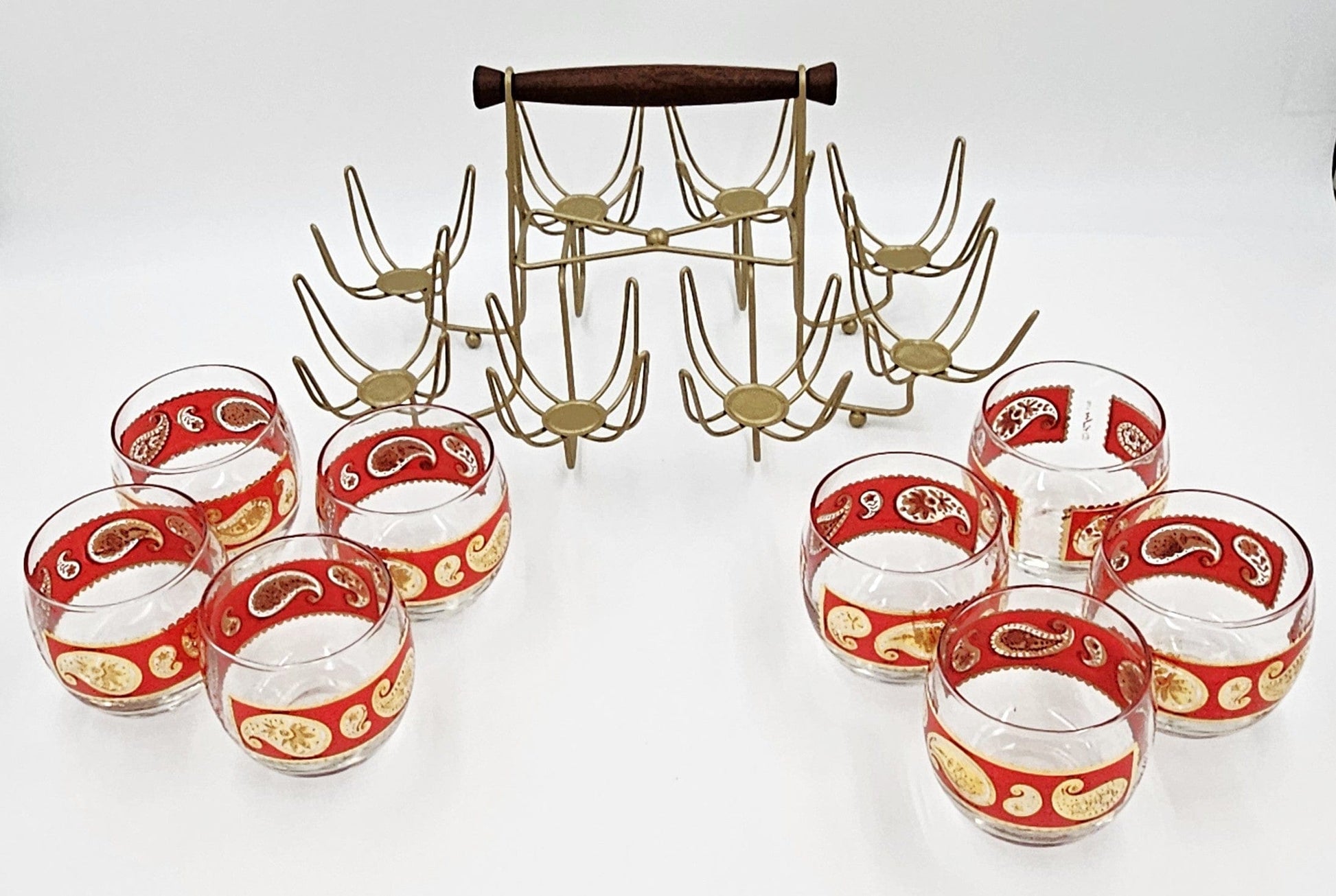 Culver Serveware Superb Culver Red Paisley 22k Gold XL Roly Poly Glasses Caddy Set Circa 1960s