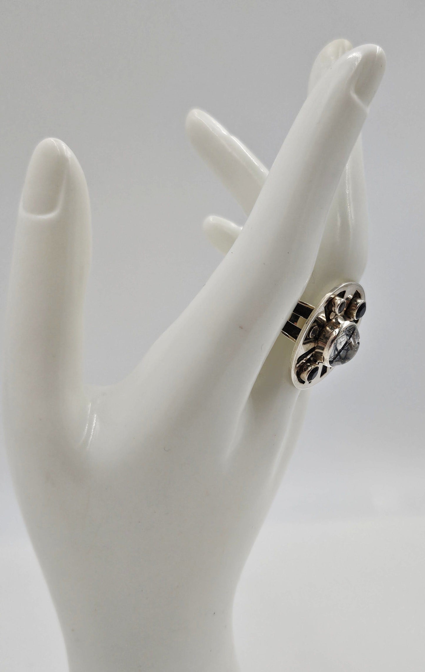 Echo of the Dreamer Jewelry Superb Echo Dreamer Sterling Reticulated Quartz Onyx Dome Cocktail Ring 90's