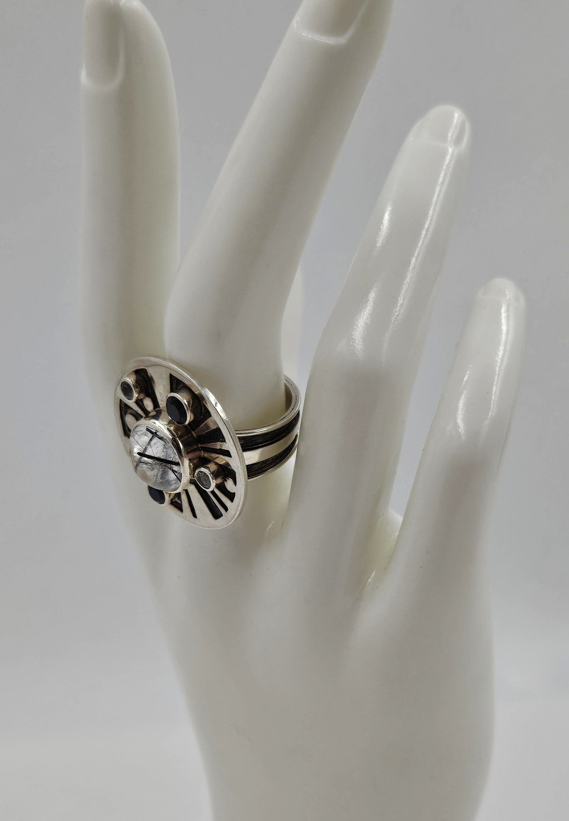 Echo of the Dreamer Jewelry Superb Echo Dreamer Sterling Reticulated Quartz Onyx Dome Cocktail Ring 90's