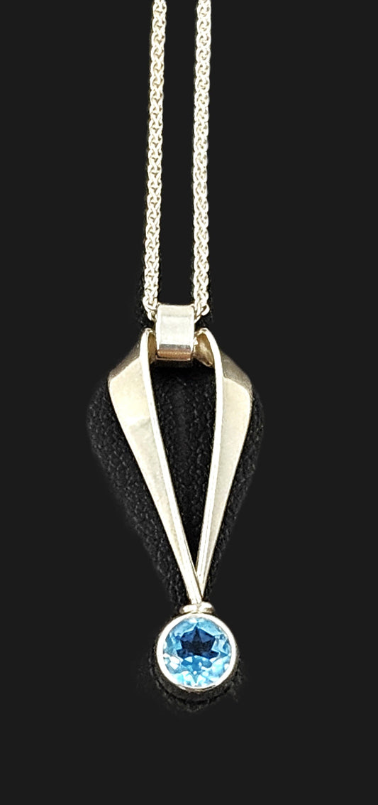 Ed Levin Jewelry Retired Ed Levin Sterling Silver & Blue Topaz Modernist Pendant Necklace 1990s