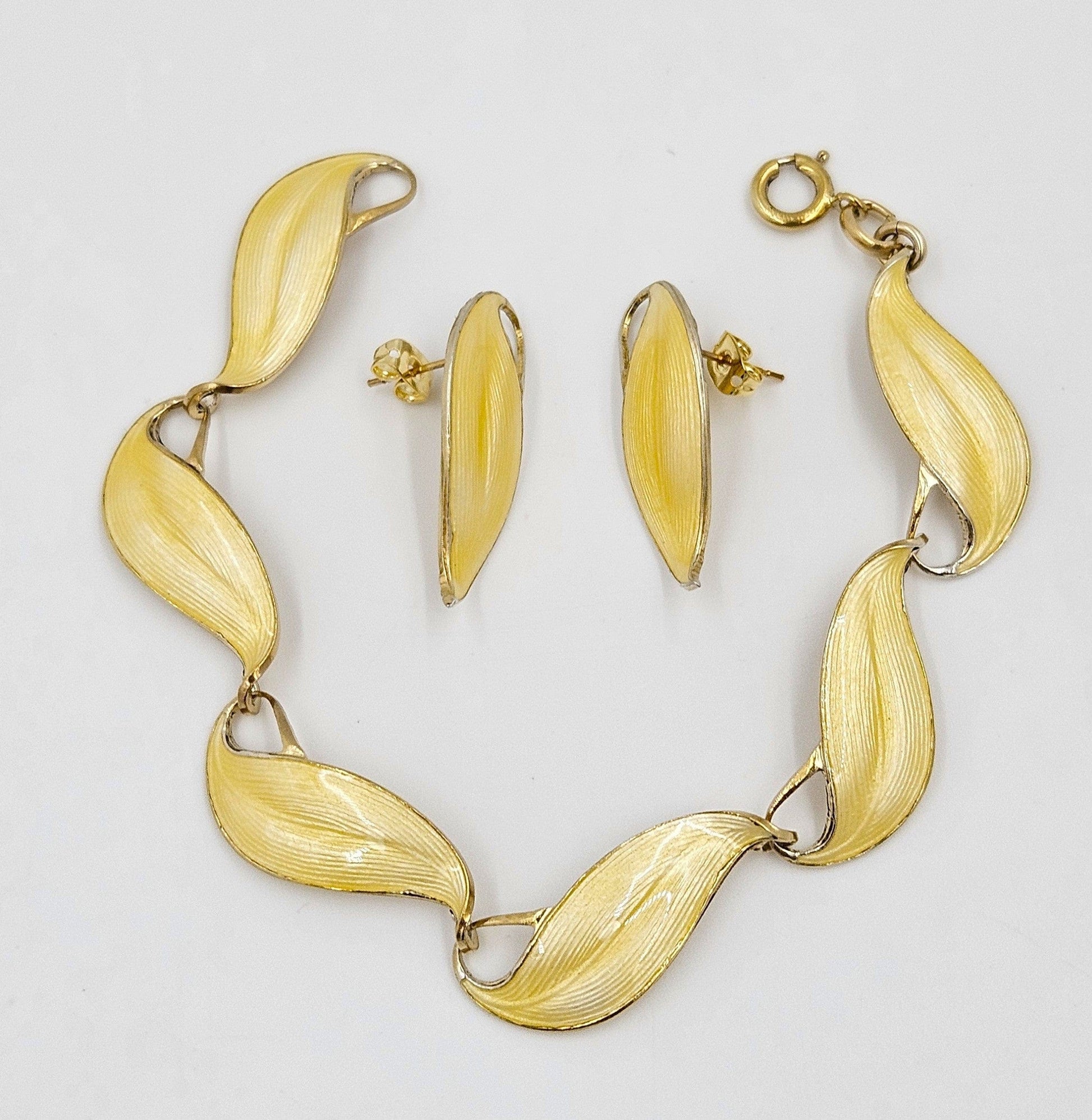 Finn Jensen Jewelry Rare Finn Jensen Gilt Sterling & Enamel Bracelet + Earrings Set Circa 1950s