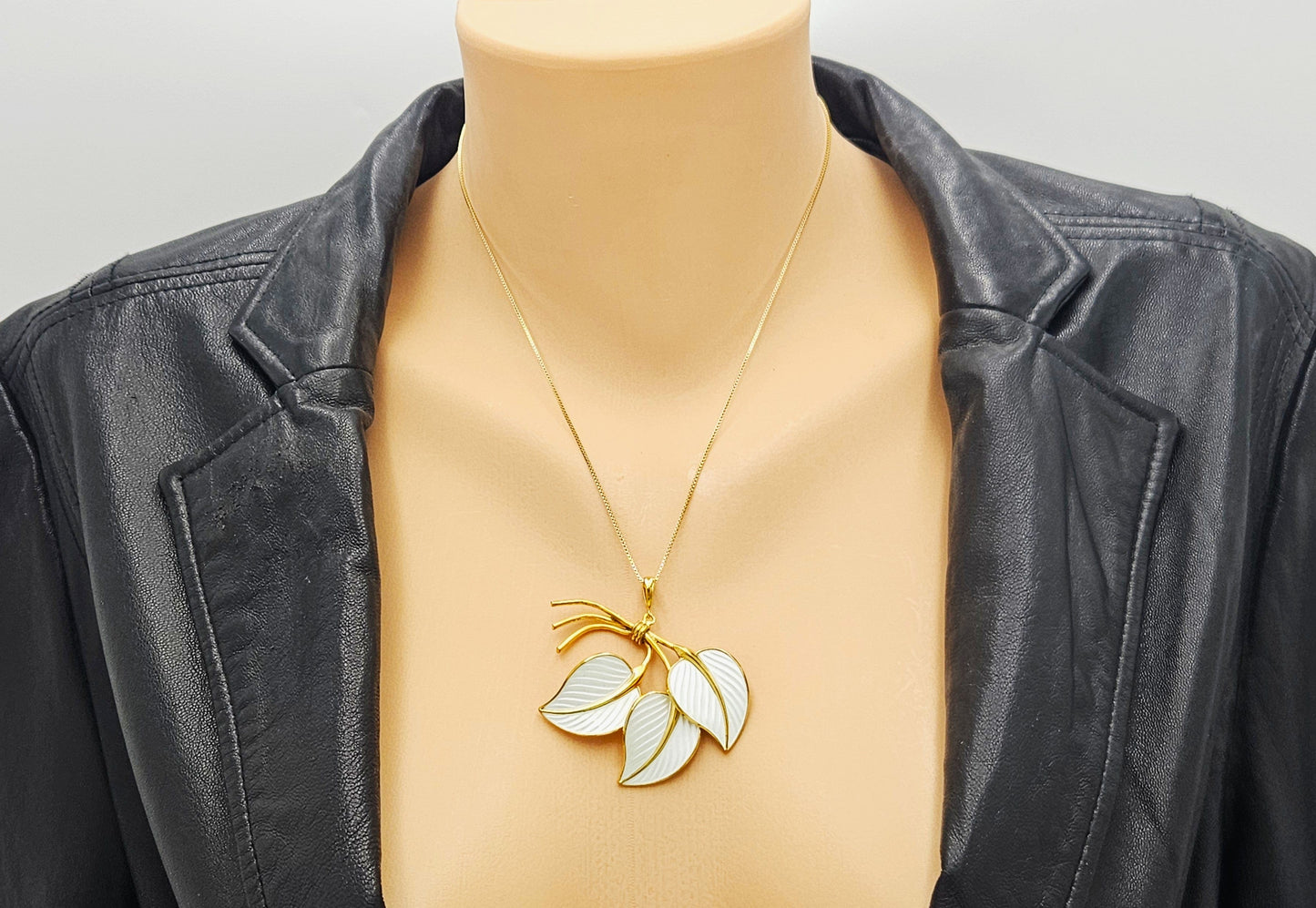 Hans Myhre Jewelry RARE Hans Myhre Norway Sterling Enamel Flower Leaves Pendant Necklace 50's