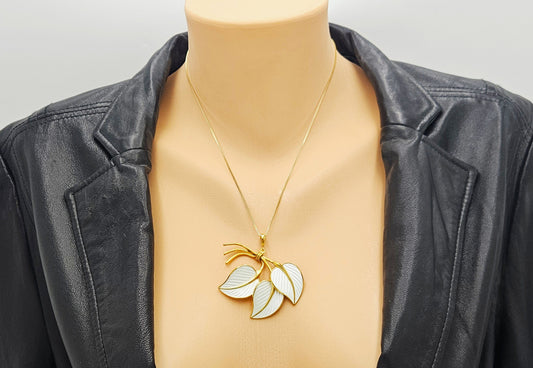 Hans Myhre Jewelry RARE Hans Myhre Norway Sterling Enamel Flower Leaves Pendant Necklace 50's