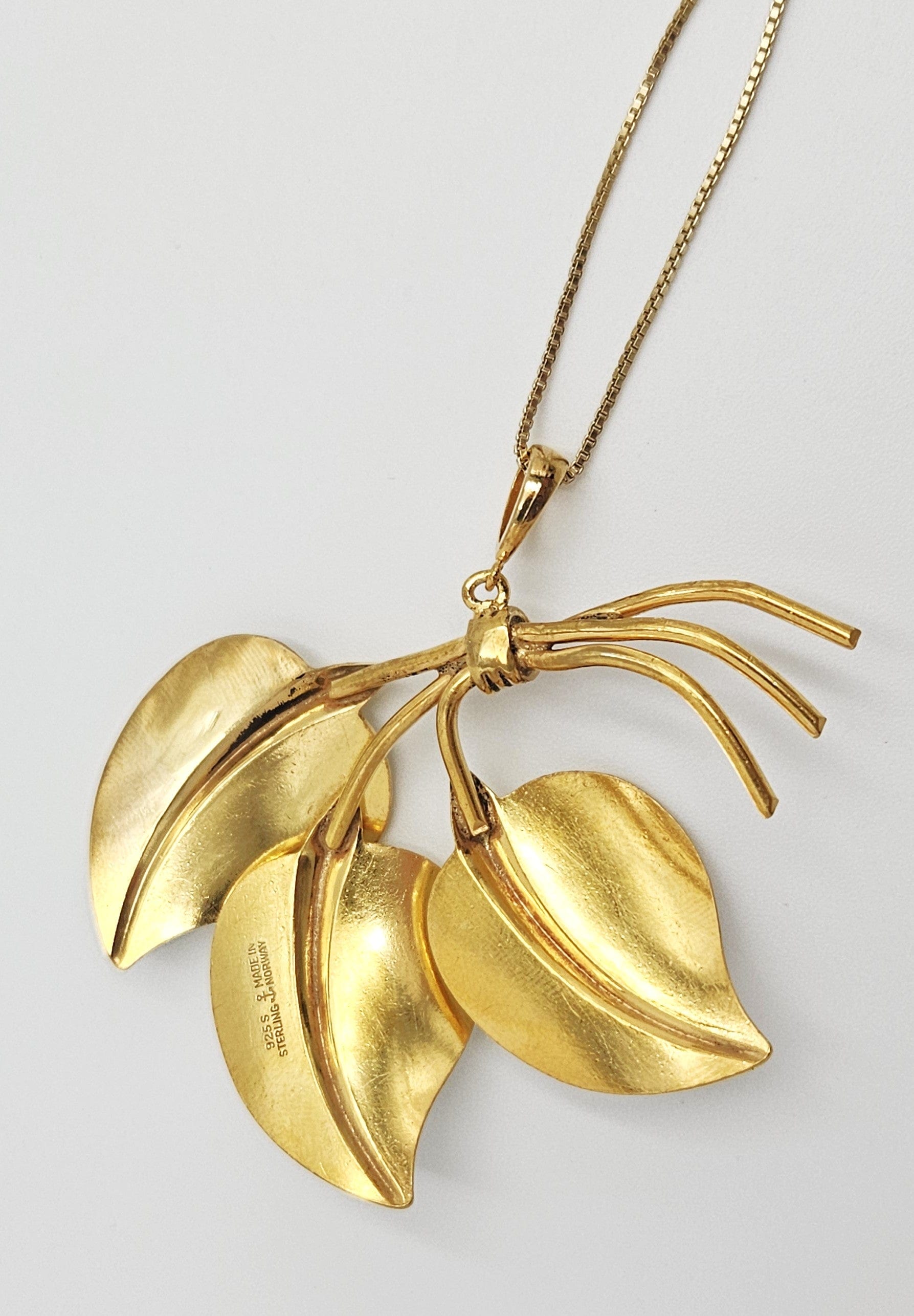 Hans Myhre Jewelry RARE Hans Myhre Norway Sterling Enamel Flower Leaves Pendant Necklace 50's