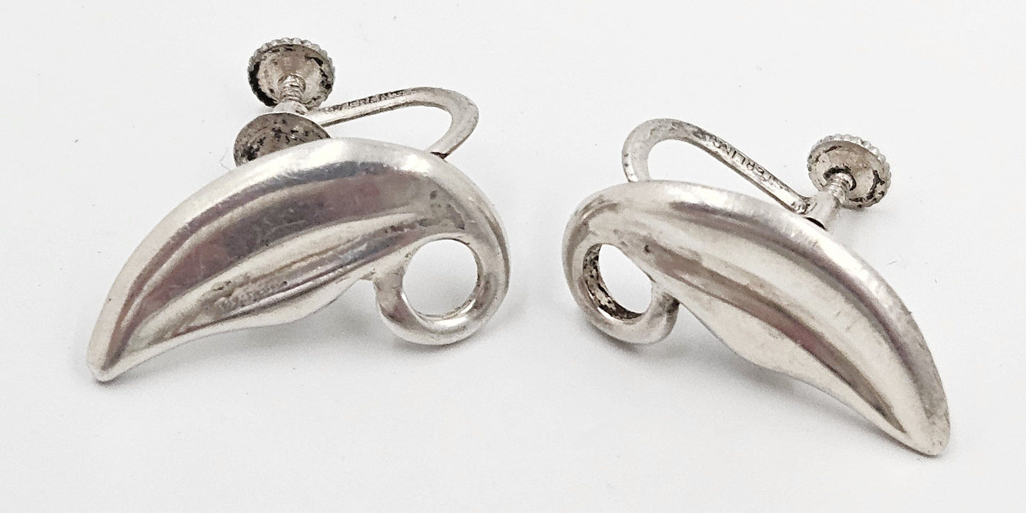 Joan Polsdorfer Jewelry Rare JoPoL for Georg Jensen Modernist Sterling Leaves Earrings #117 Circa 1940's