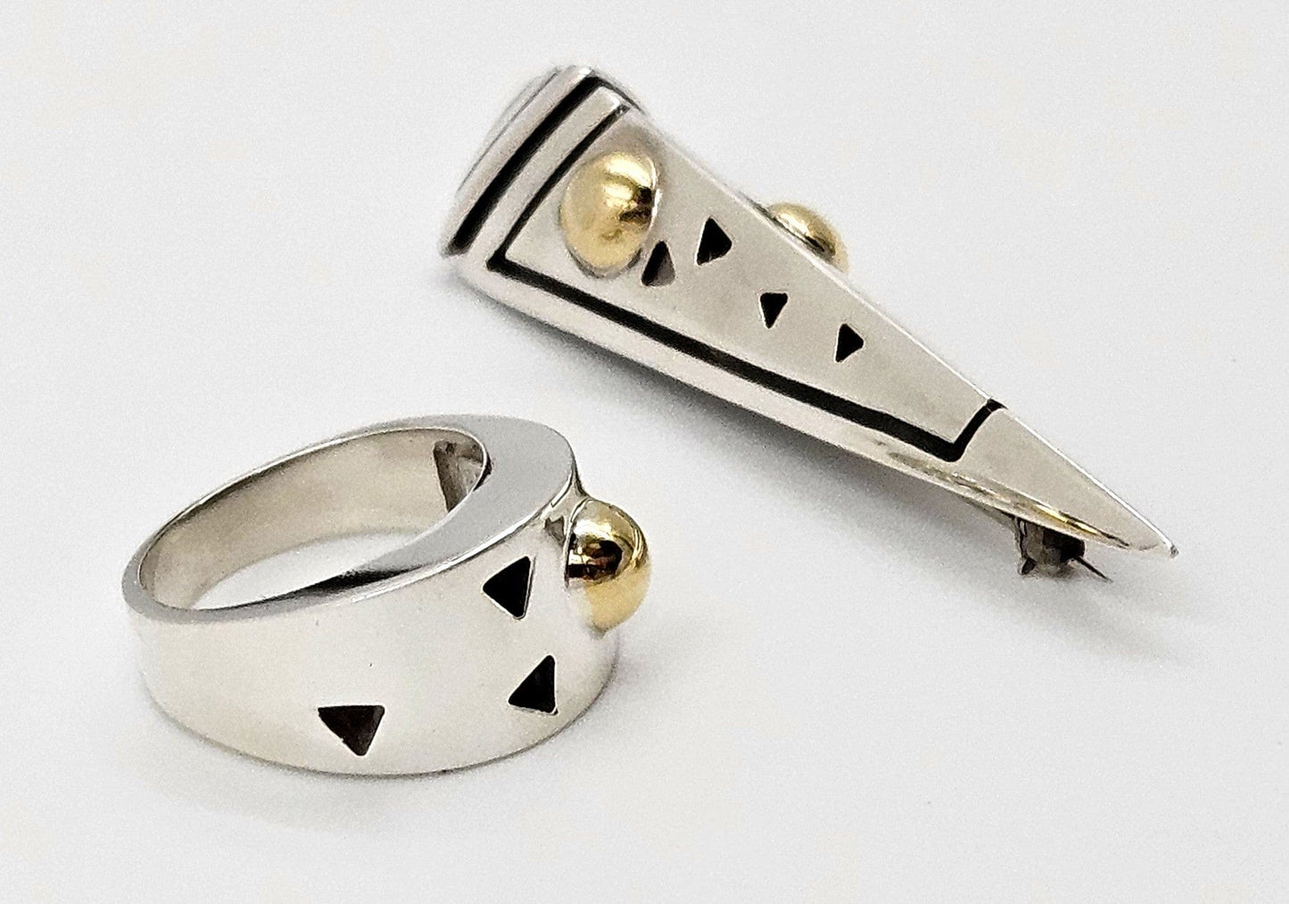 John Atencio Jewelry Superb John Atencio Sterling 18k Retired Solar Cocktail Ring & Brooch Set