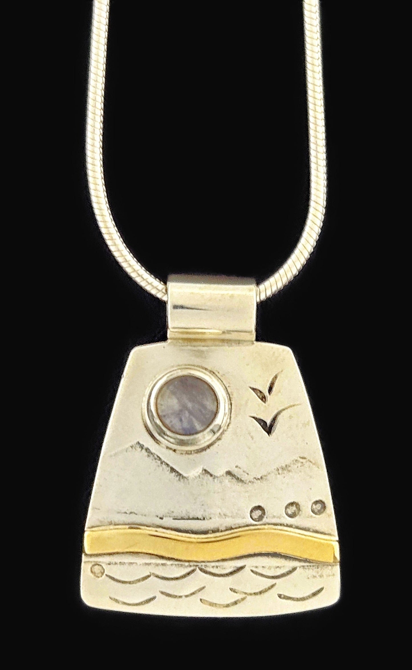 LM Artisan Sterling Necklace Jewelry Sterling & Gold Moonstone Abstract Modernist Pendant Necklace Signed LM