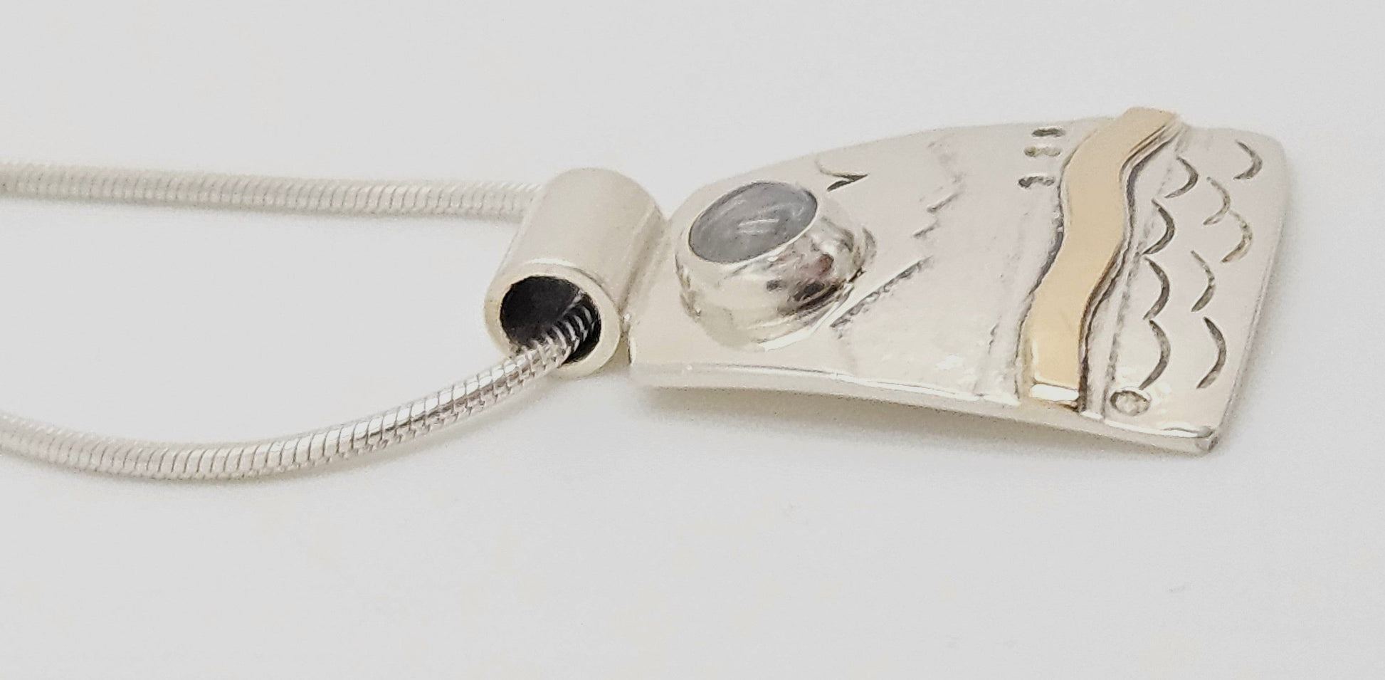 LM Artisan Sterling Necklace Jewelry Sterling & Gold Moonstone Abstract Modernist Pendant Necklace Signed LM