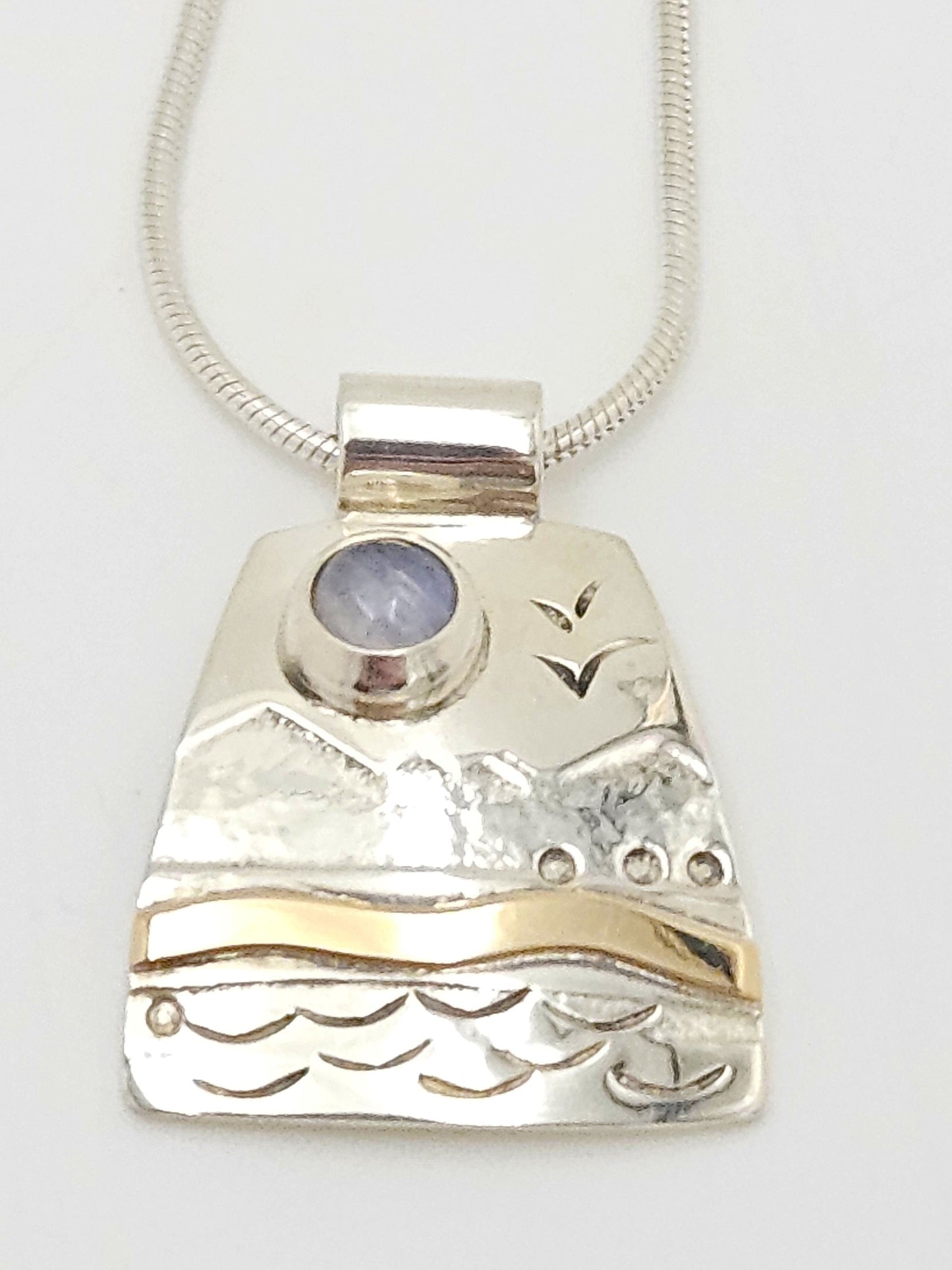 LM Artisan Sterling Necklace Jewelry Sterling & Gold Moonstone Abstract Modernist Pendant Necklace Signed LM