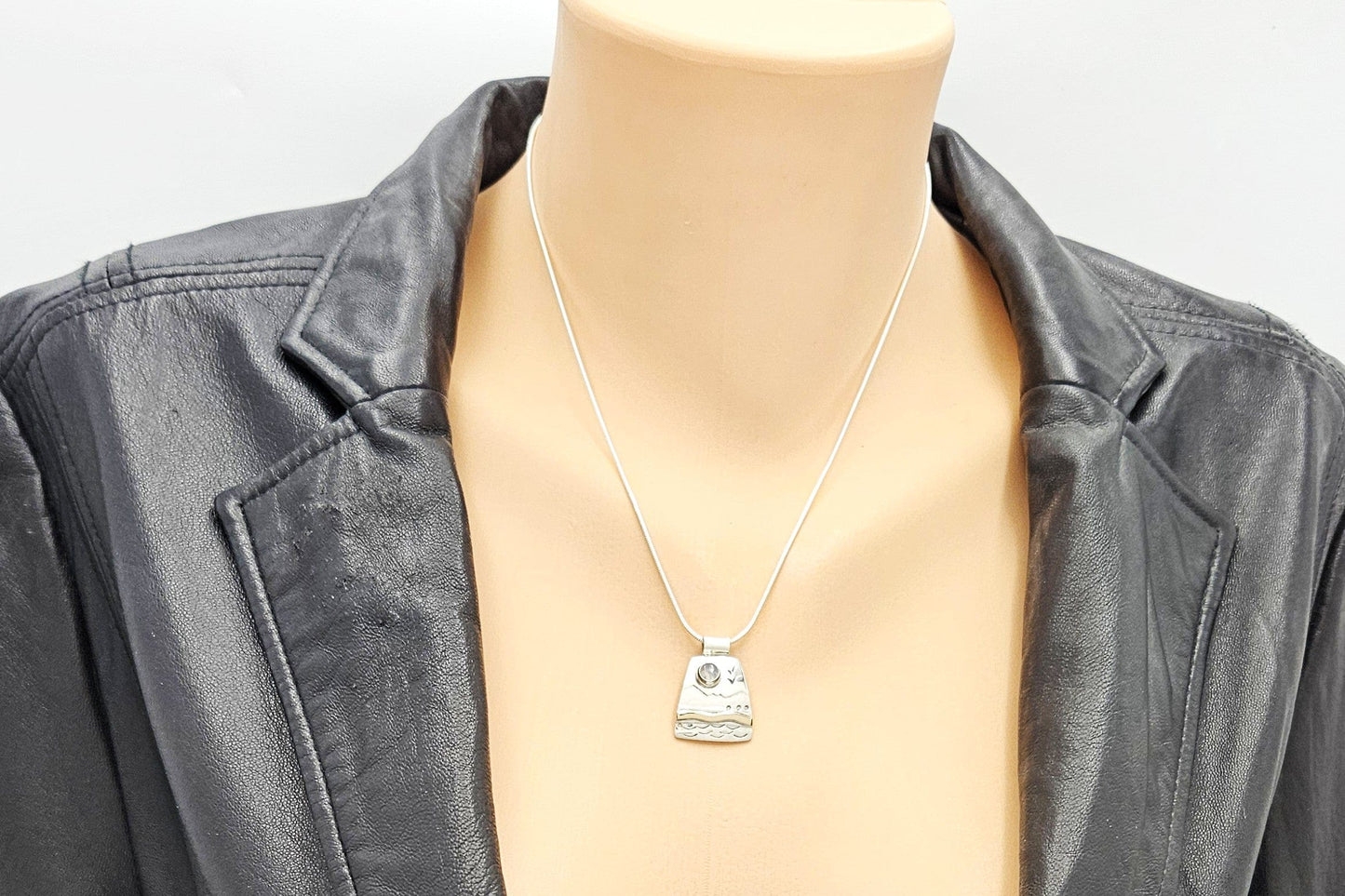 LM Artisan Sterling Necklace Jewelry Sterling & Gold Moonstone Abstract Modernist Pendant Necklace Signed LM