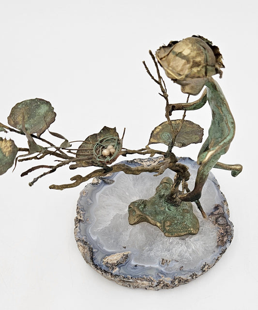 Malcolm Moran Sculpture Superb Malcolm Moran Bronze Nature Girl w/Birds & Nest Sculpture Statue 1971