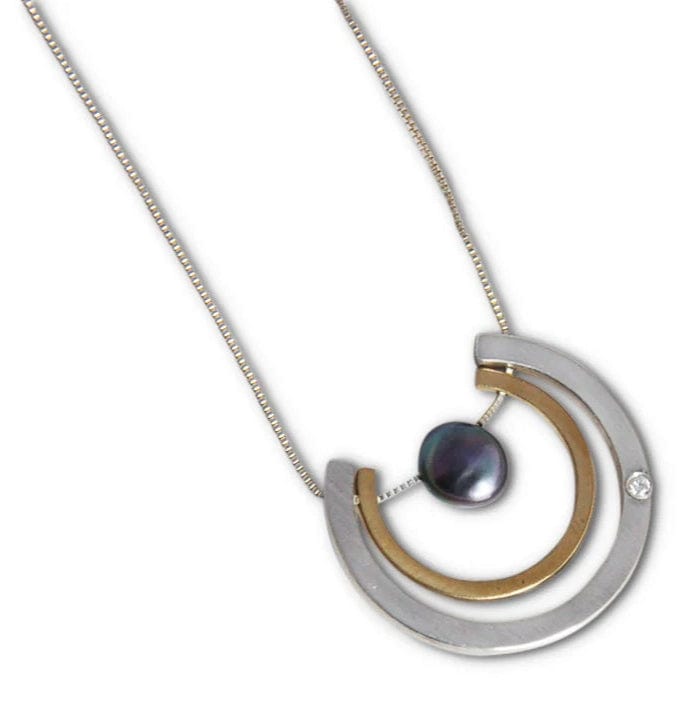 Mari Tome Jewelry Designer Mari Tome Sterling 10K Diamond Pearl Modernist Pendant Necklace