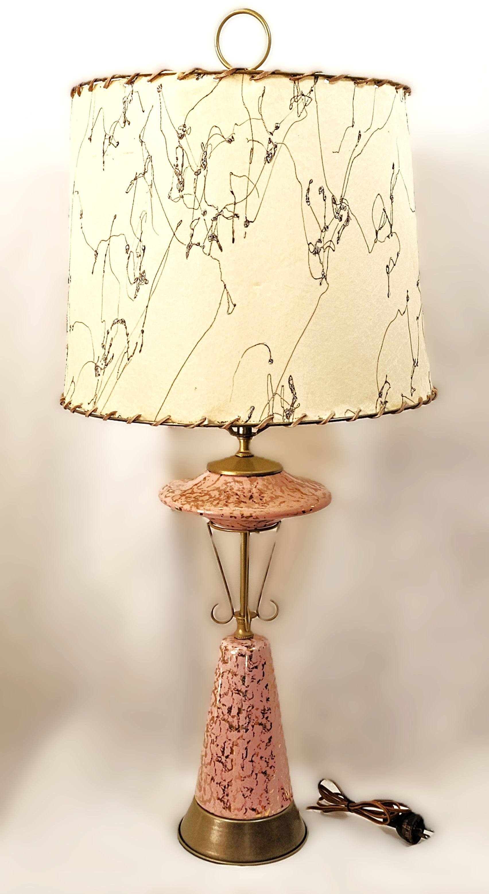 MCM Retro Atomic Lamp Lighting MCM Retro Atomic Large Pink & Gold Ceramic + Brass Table Lamp Orig Shade