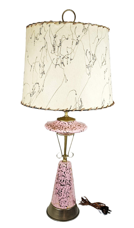 MCM Retro Atomic Lamp Lighting MCM Retro Atomic Large Pink & Gold Ceramic + Brass Table Lamp Orig Shade