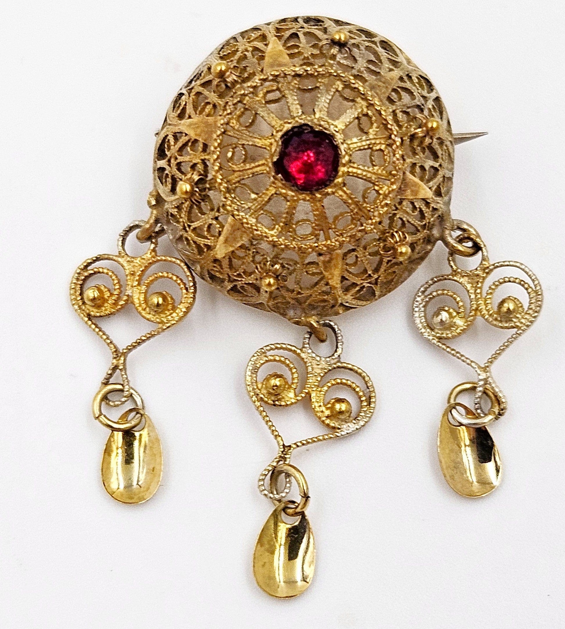 MCM Sterling Garnet Solje Jewelry MCM Scandinavian Gilt Sterling Domed Filagree Solje Brooch w/Garnet Stone