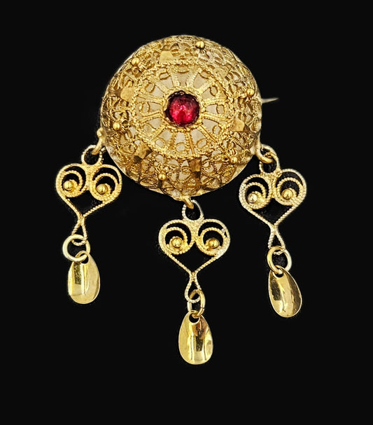 MCM Sterling Garnet Solje Jewelry MCM Scandinavian Gilt Sterling Domed Filagree Solje Brooch w/Garnet Stone