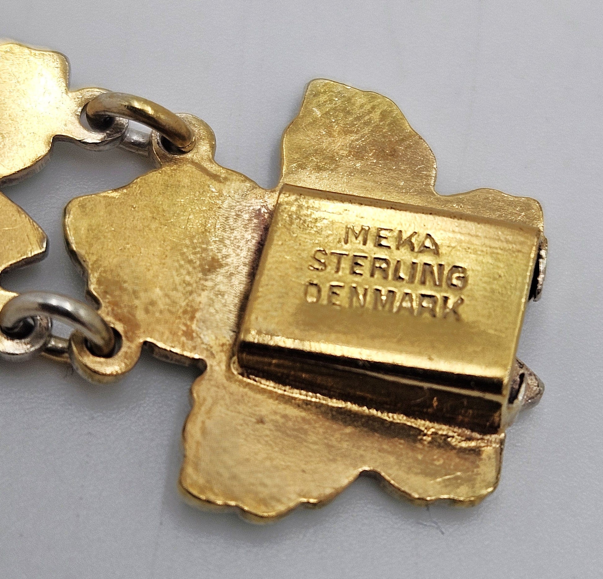 Meka Jewelry Meka Denmark Sterling + Green Enamel Maple Leaves Bracelet 1950s