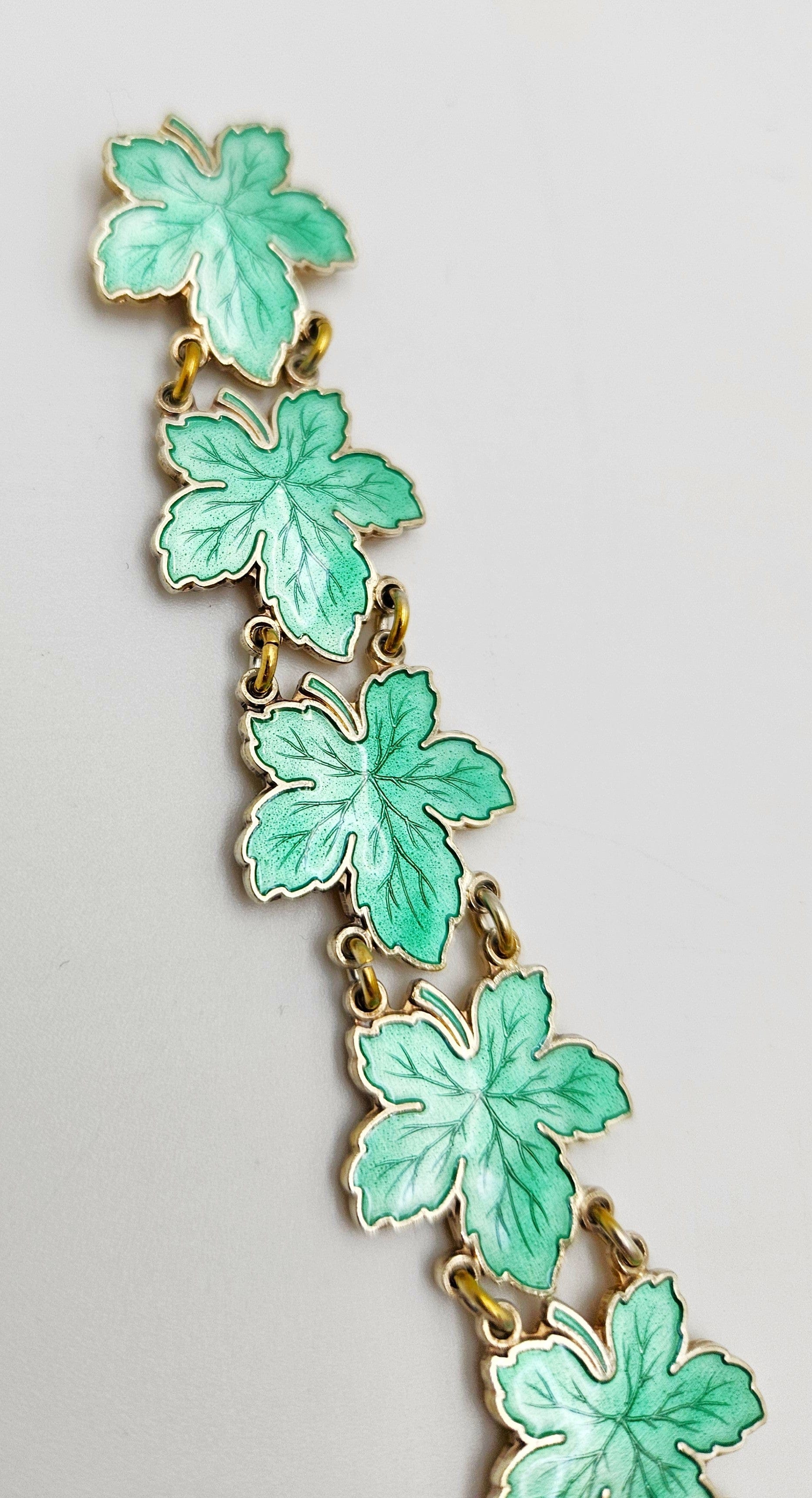 Meka Jewelry Meka Denmark Sterling + Green Enamel Maple Leaves Bracelet 1950s