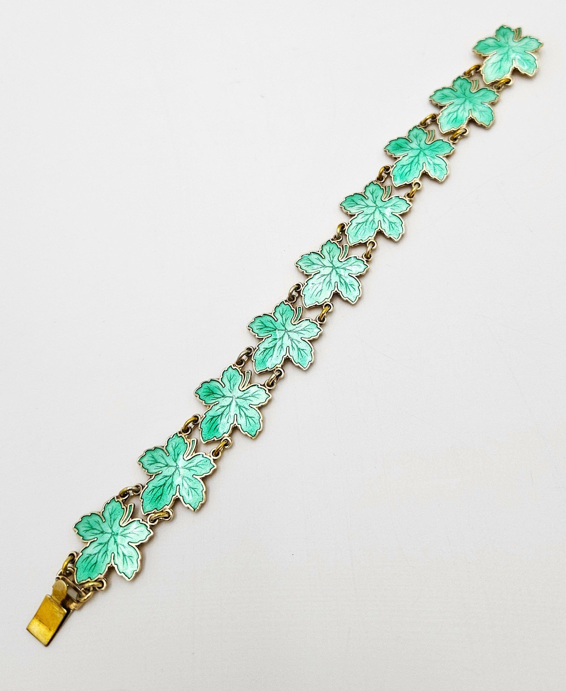 Meka Jewelry Meka Denmark Sterling + Green Enamel Maple Leaves Bracelet 1950s