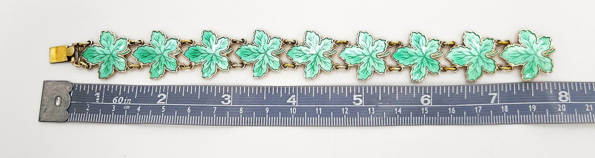 Meka Jewelry Meka Denmark Sterling + Green Enamel Maple Leaves Bracelet 1950s