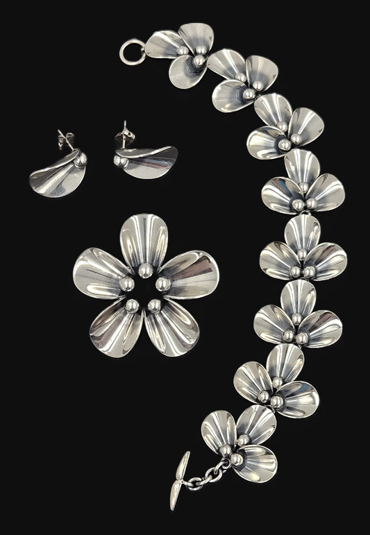 Niels Erik From Jewelry Danish NE From Sterling Modernist Flowers Demi Parure Set C. 1950s
